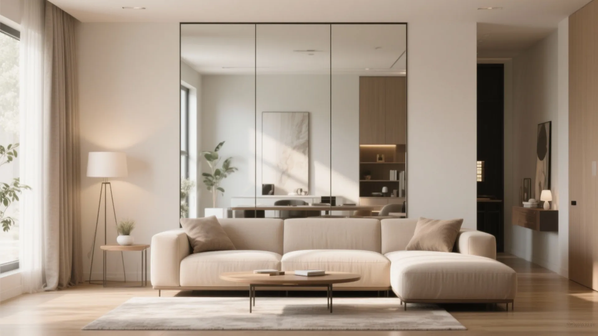 Large floor-to-ceiling mirror in modern living room