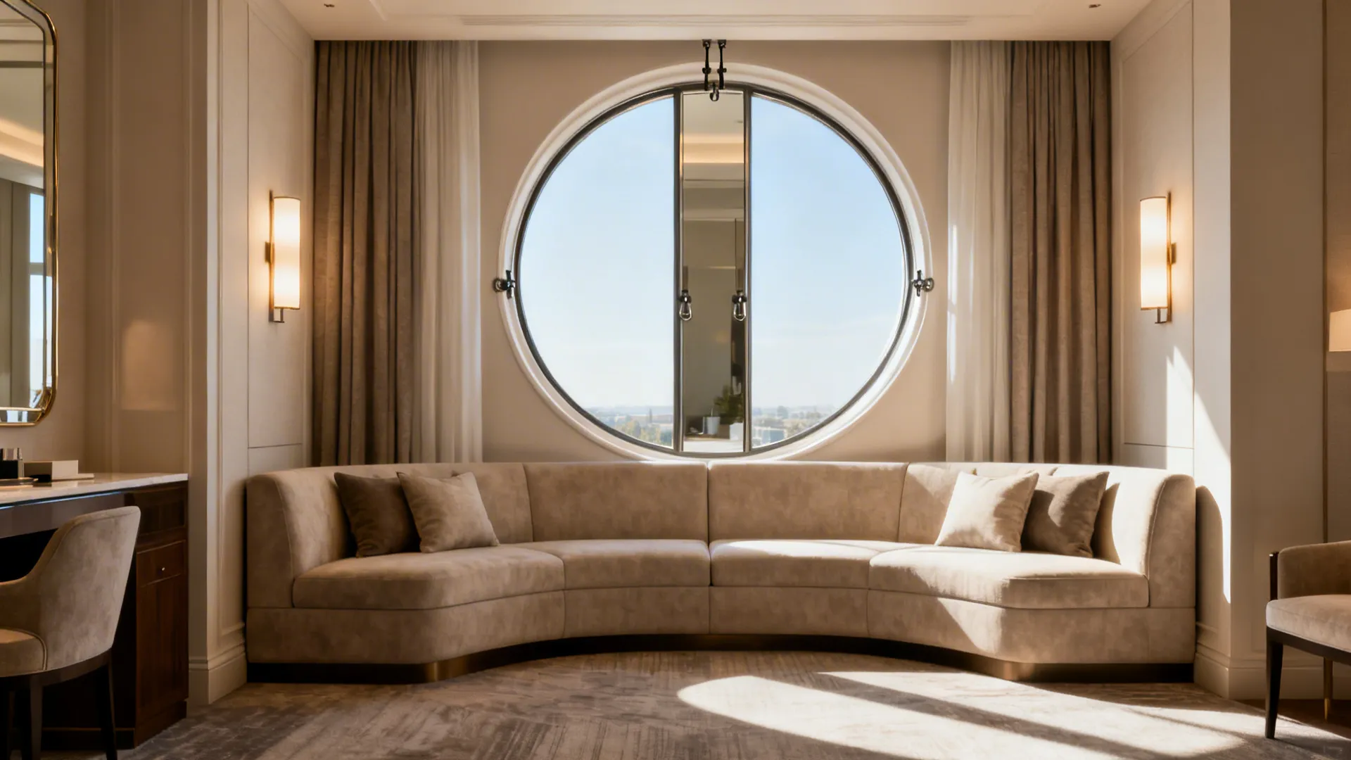 2. Single oversized mirror behind a seating area