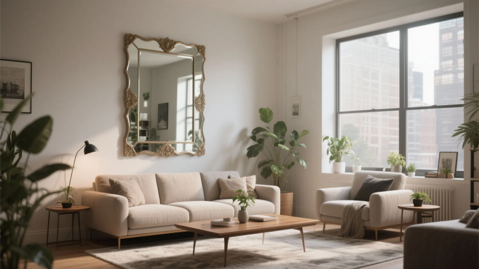 Oversized statement mirror behind sofa in cozy urban living room