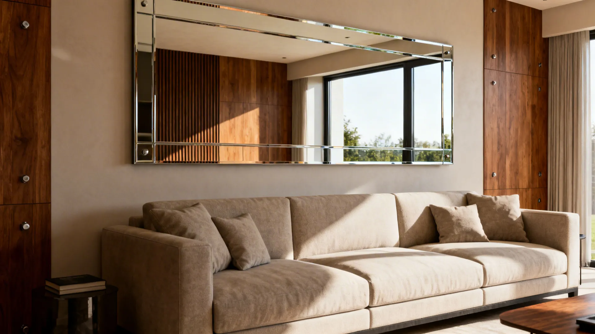 Living room with oversized mirror above sofa reflecting light and enlarging the space
