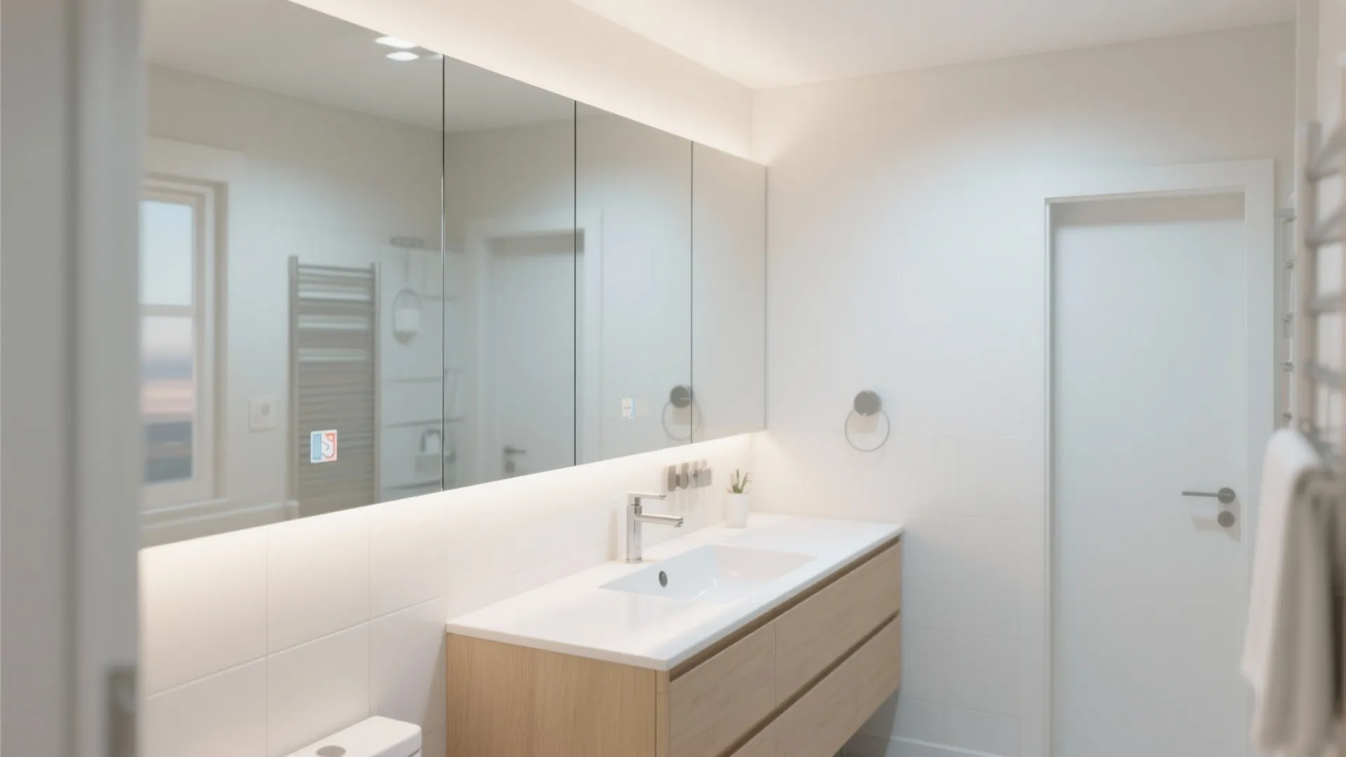 Modern bathroom with large wall mirror wooden sink cabinet white door and bright ceiling light