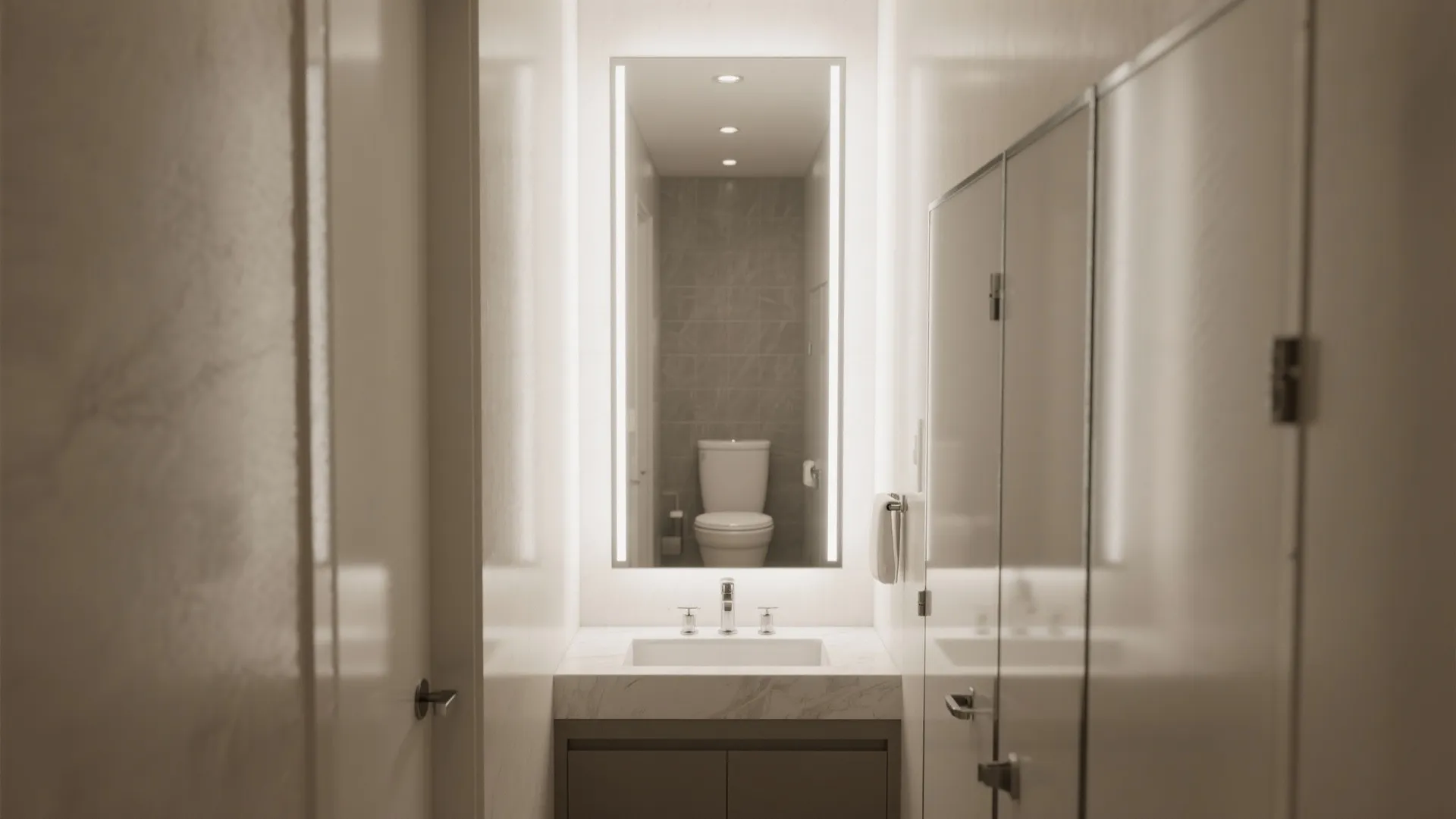 Edge-to-ceiling mirror wall in a narrow powder room doubling the visual width.