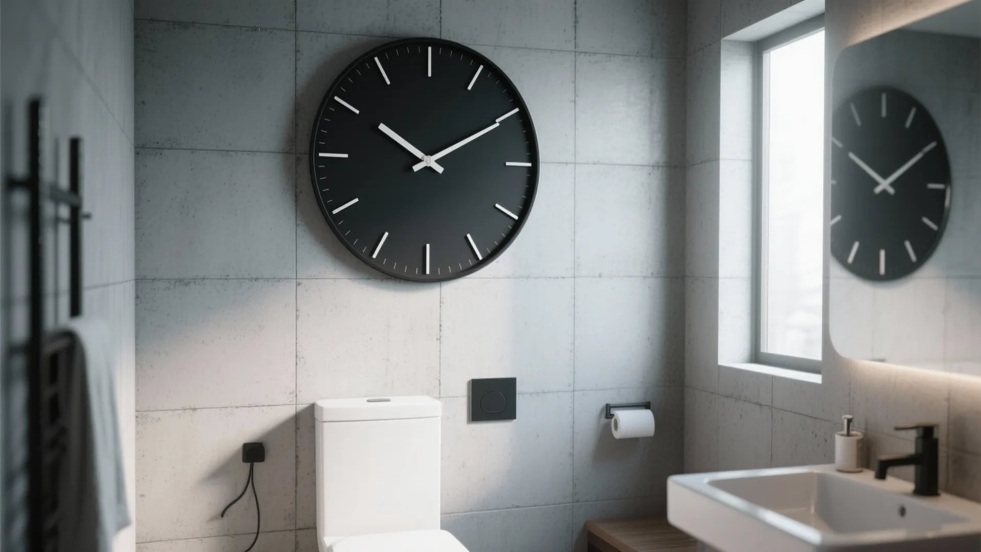 Large black wall clock in a grey tiled bathroom with white toilet sink and mirror