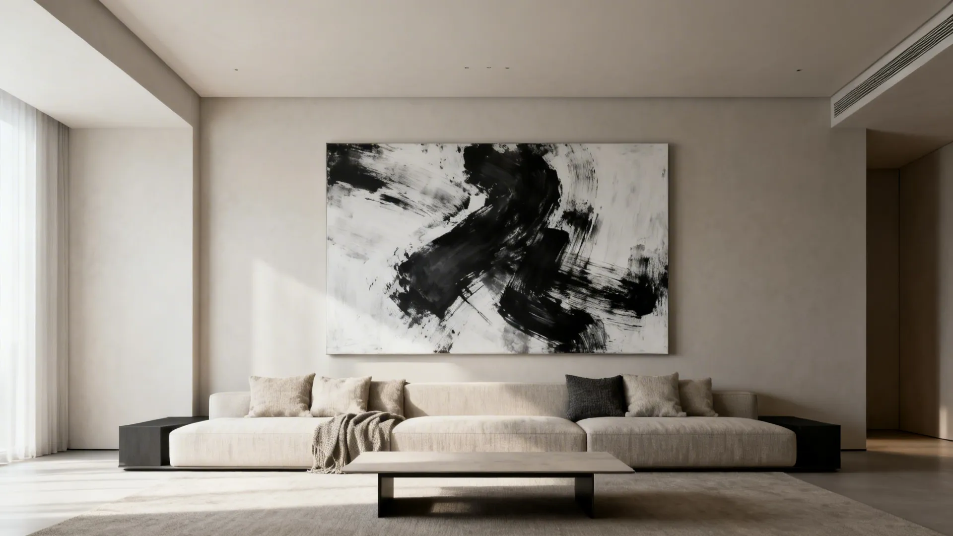Low sofa with an oversized black-and-white abstract canvas that visually raises the ceiling.