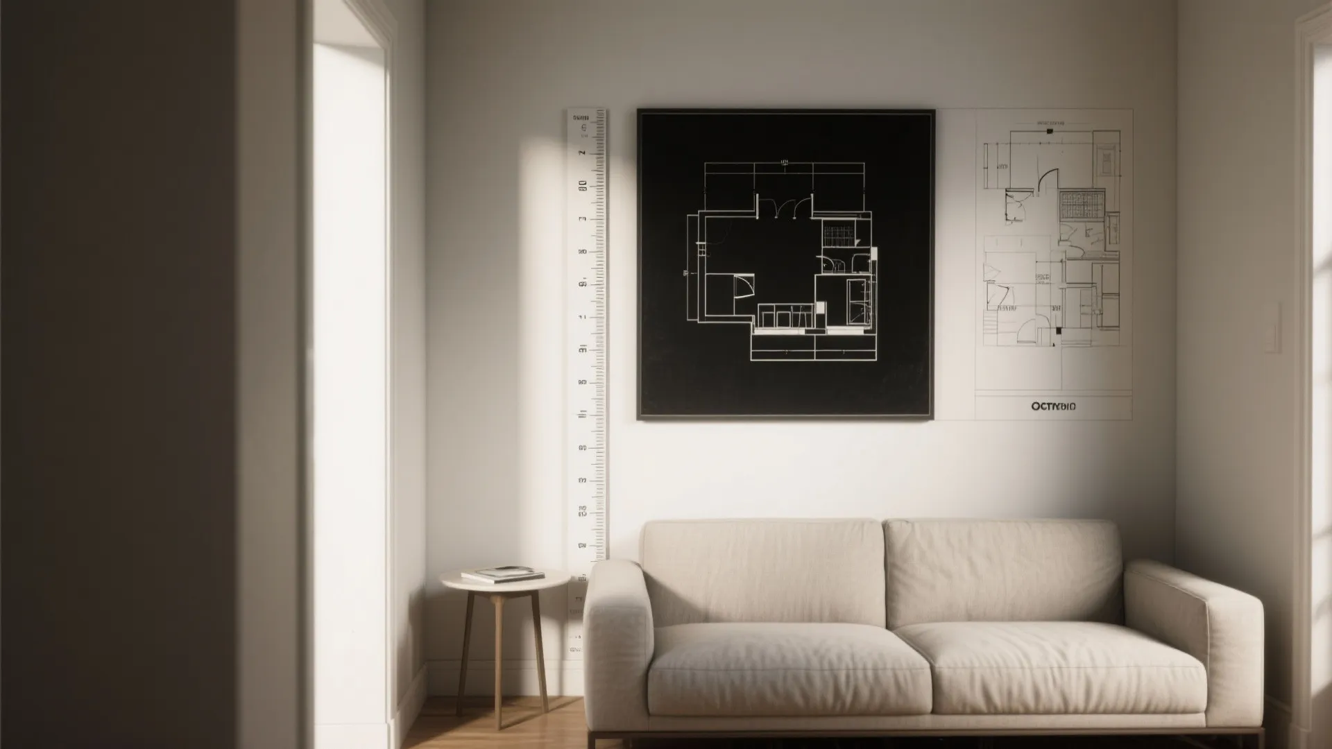 Minimalist room with beige sofa and black framed floor plan drawing hanging on white wall