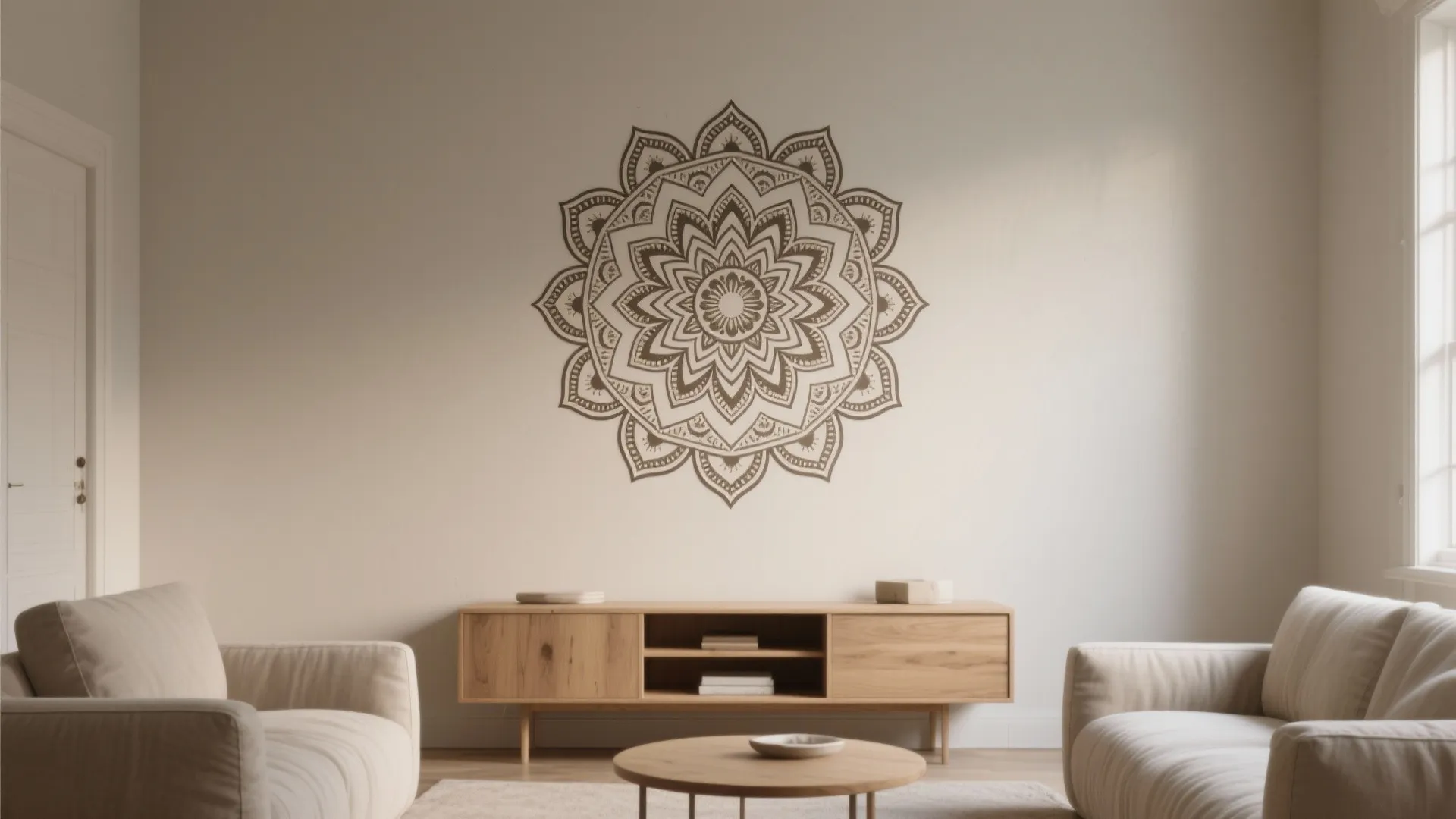 Interior design drawing with large flower wall art above wood cabinet and white sofa chairs