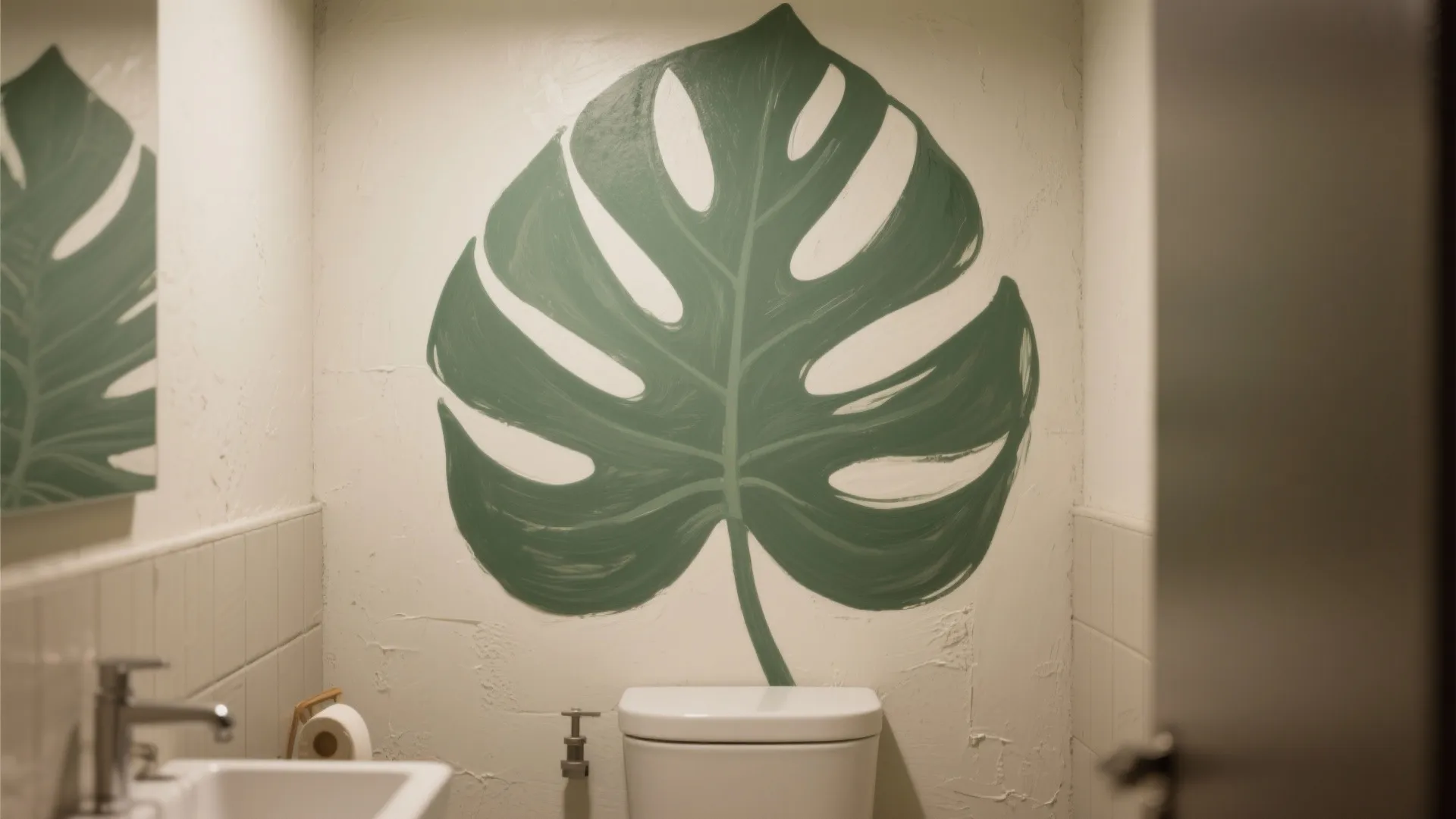 Small bathroom featuring a large green leaf mural on the white wall behind a white toilet