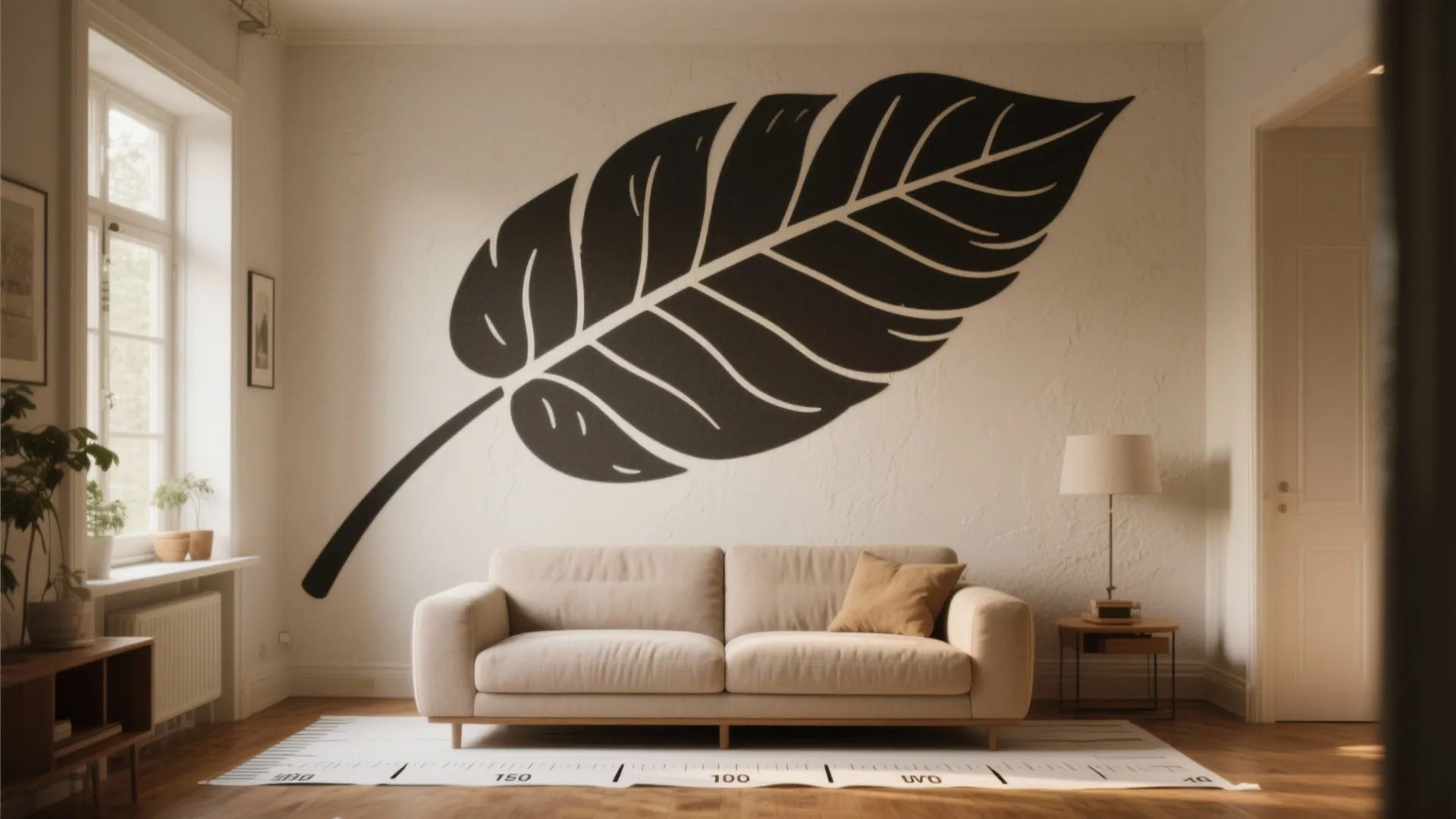 Small living room with a giant leaf stencil motif on the feature wall and a life-size paper template on the floor.