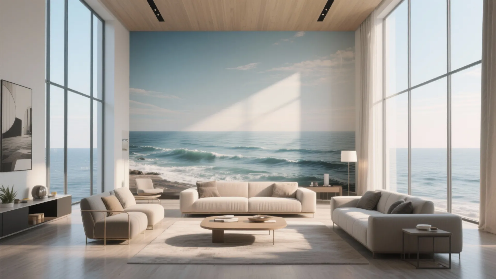 Living room with large seascape mural on tall wall