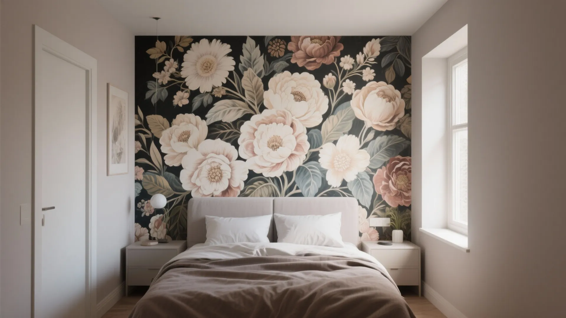 Modern bedroom featuring a large dark floral wall mural behind a beige bed with white pillows