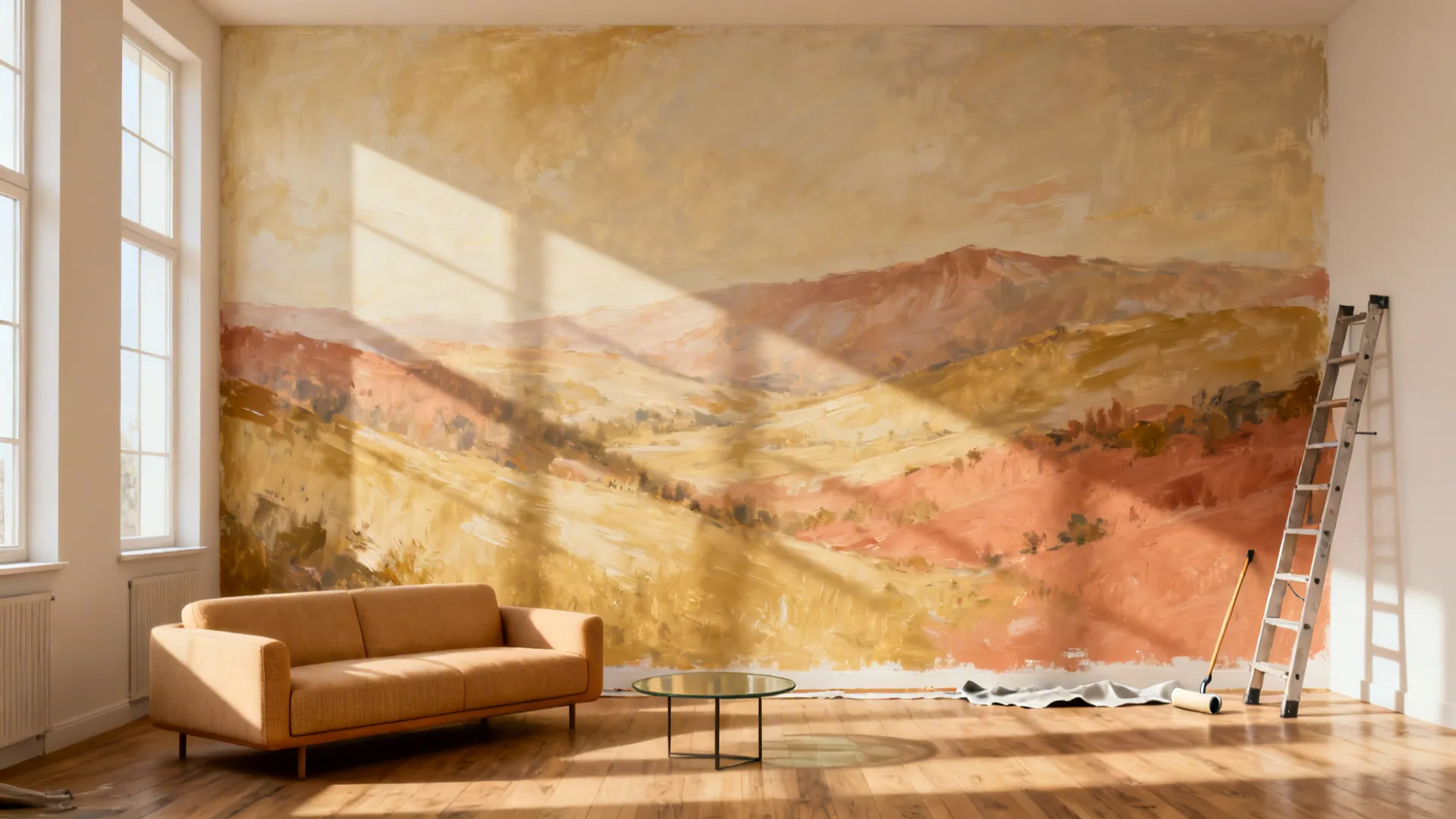 Living room anchored by an oversized landscape mural that visually opens the space.