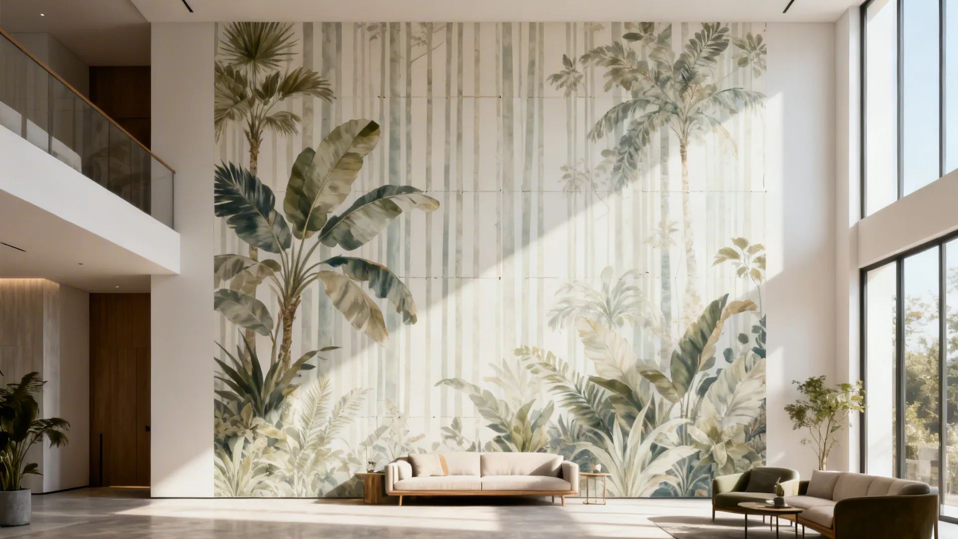 Double-height accent wall with a large removable mural in light vertical patterns