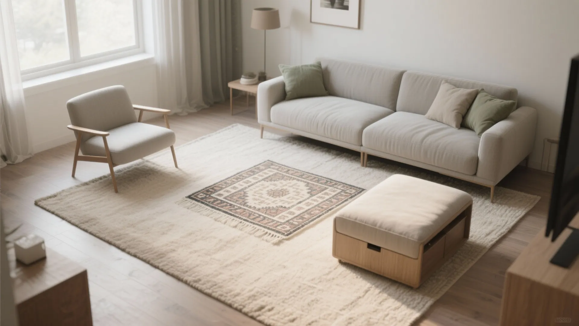 Modern living room with neutral rug, grey sofa, wooden footrest, armchair, and large bright window