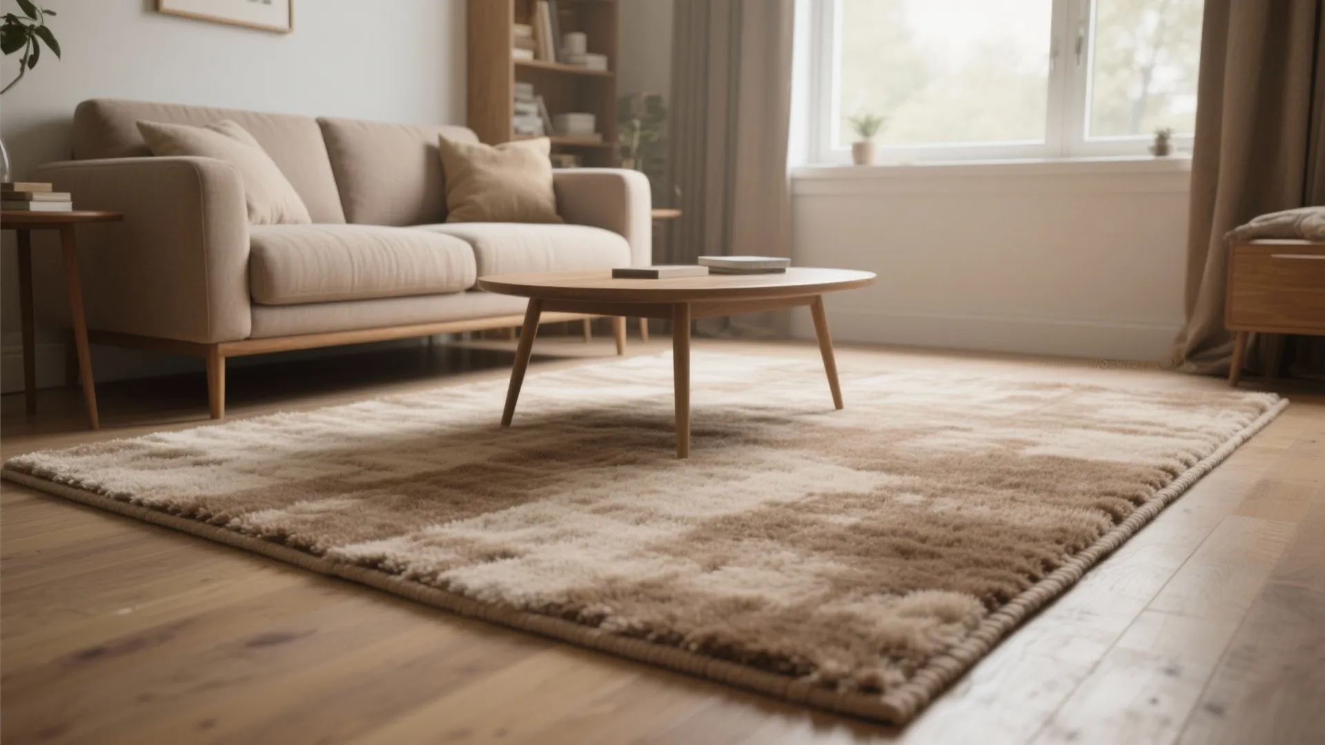 1. Oversized neutral rug to enlarge the room