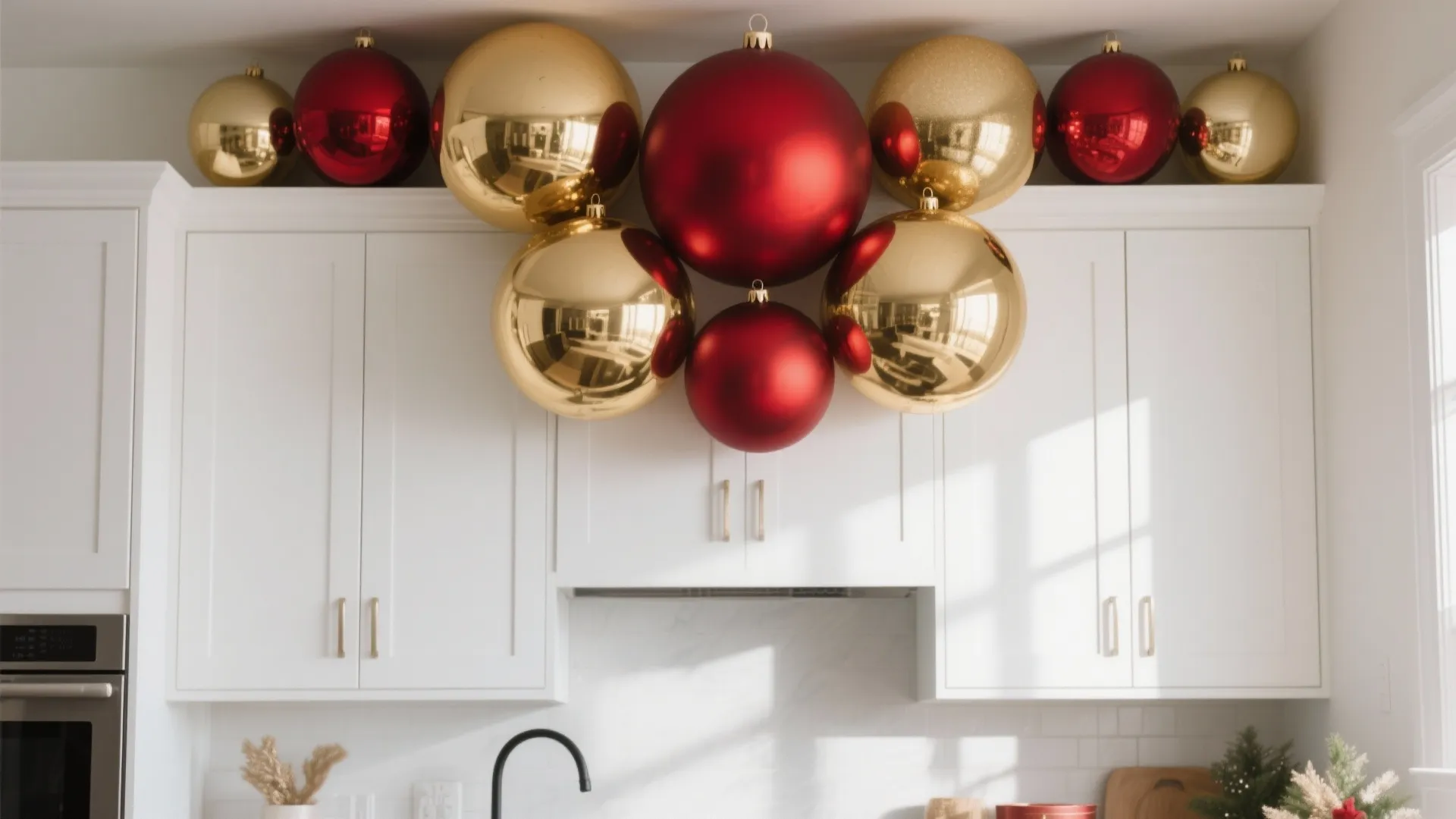 Large red and gold Christmas ornaments hanging above white kitchen cabinets in a modern home