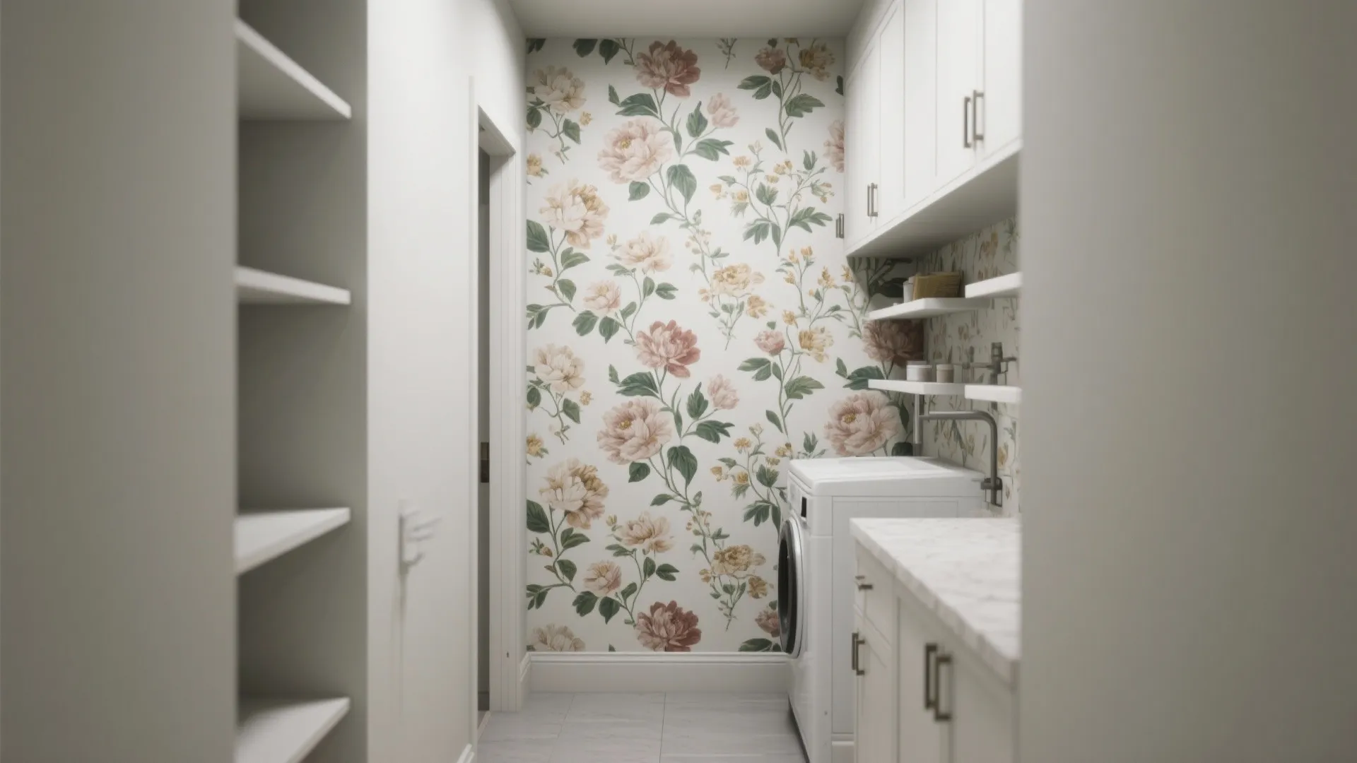 Modern laundry room with floral pattern wallpaper white cabinets washing machine and open shelving unit design