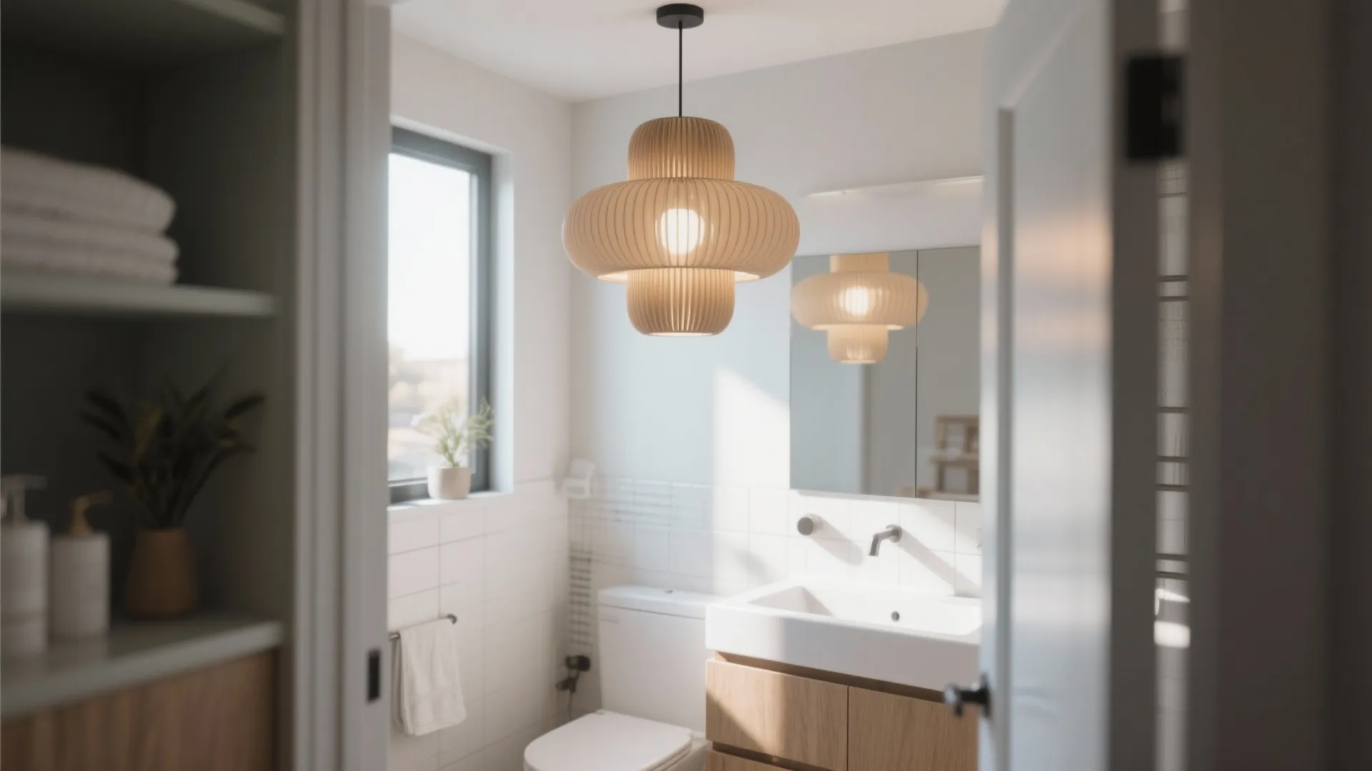 Large statement pendant over small bathroom vanity