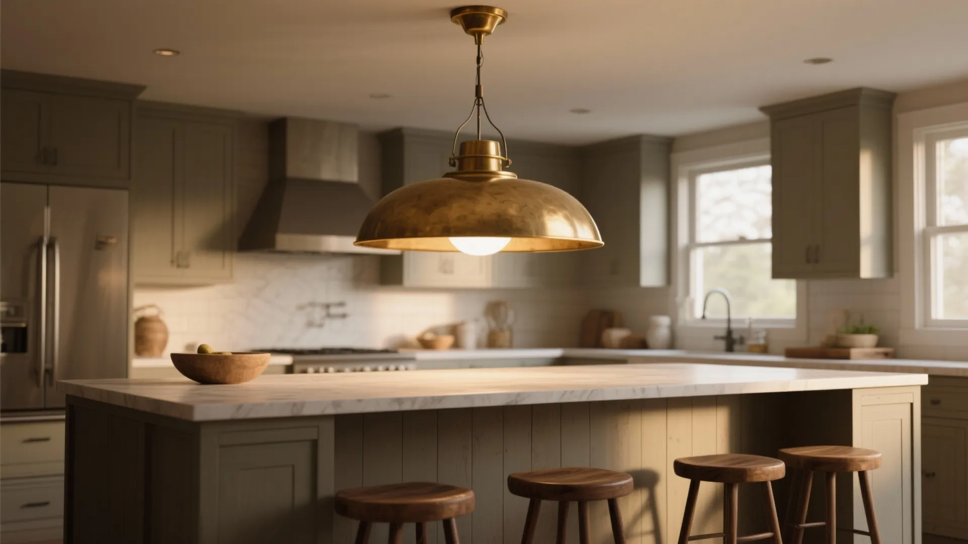 Modern kitchen with brass ceiling light over island marble counter and green cabinets with stools