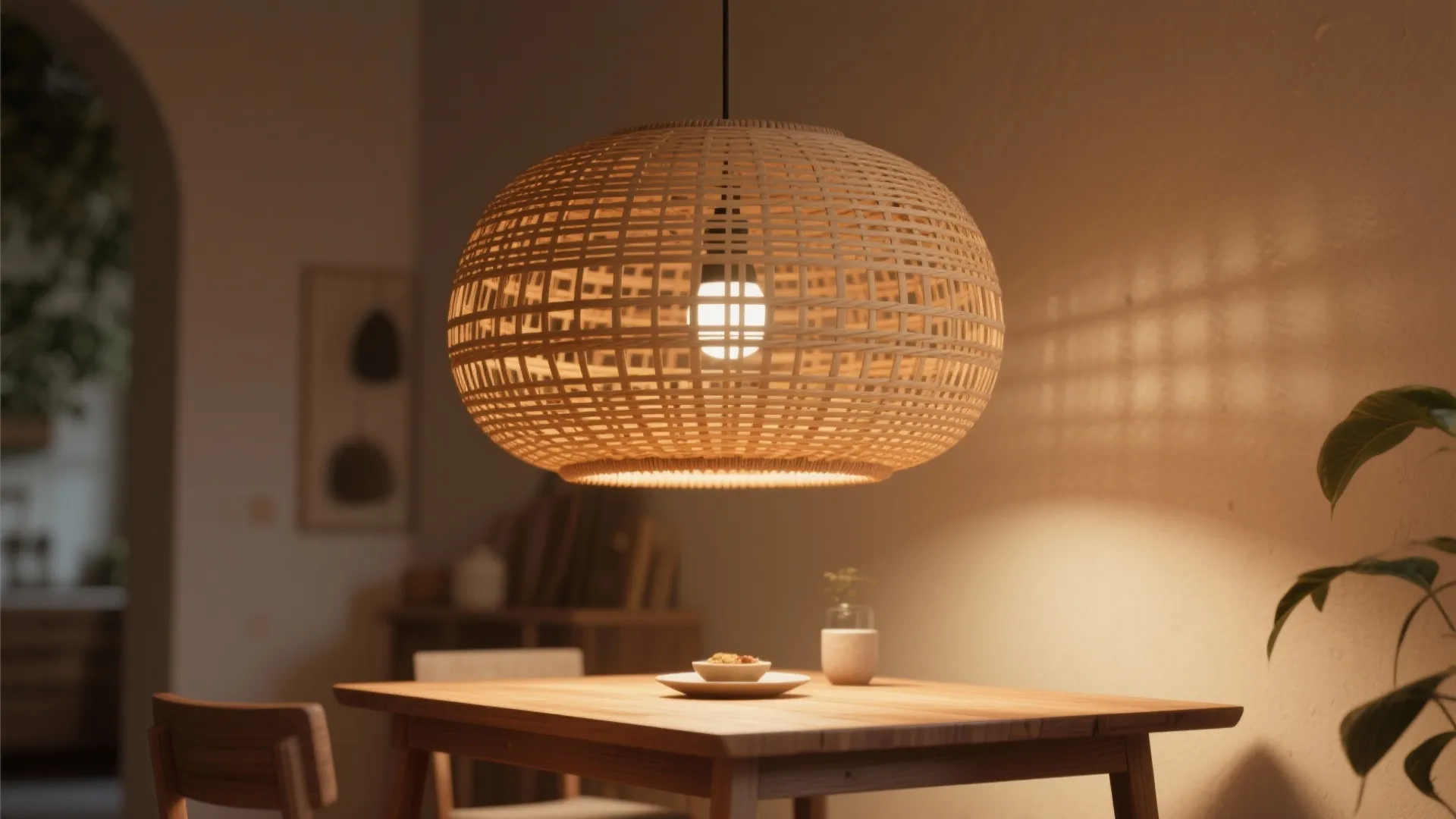 Oversized rattan pendant lamp above a small dining table