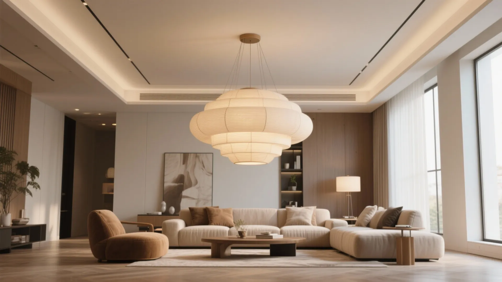 High ceiling living room with oversized statement pendant