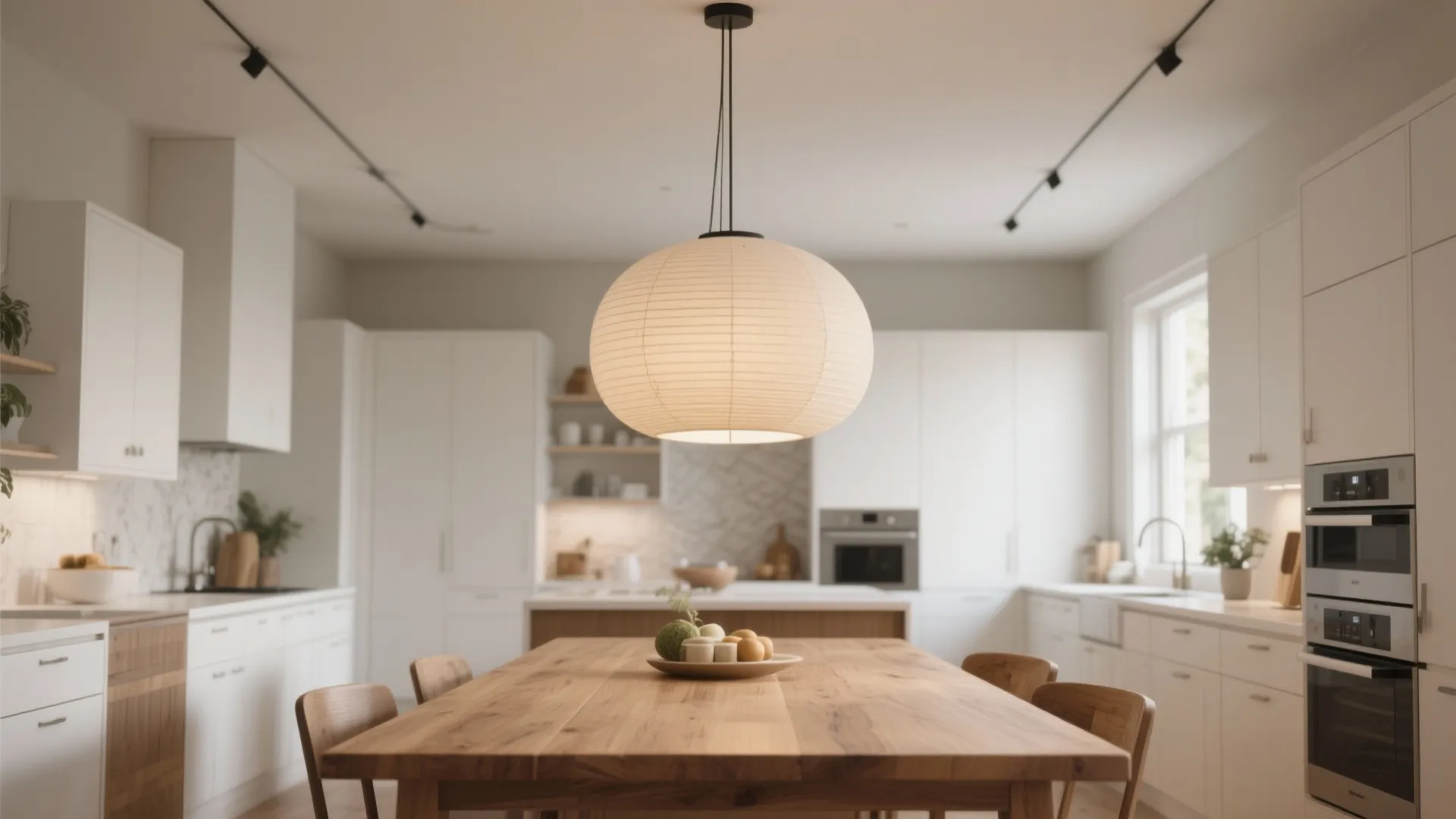Large round paper ceiling light hanging above a wooden dining table in a white kitchen