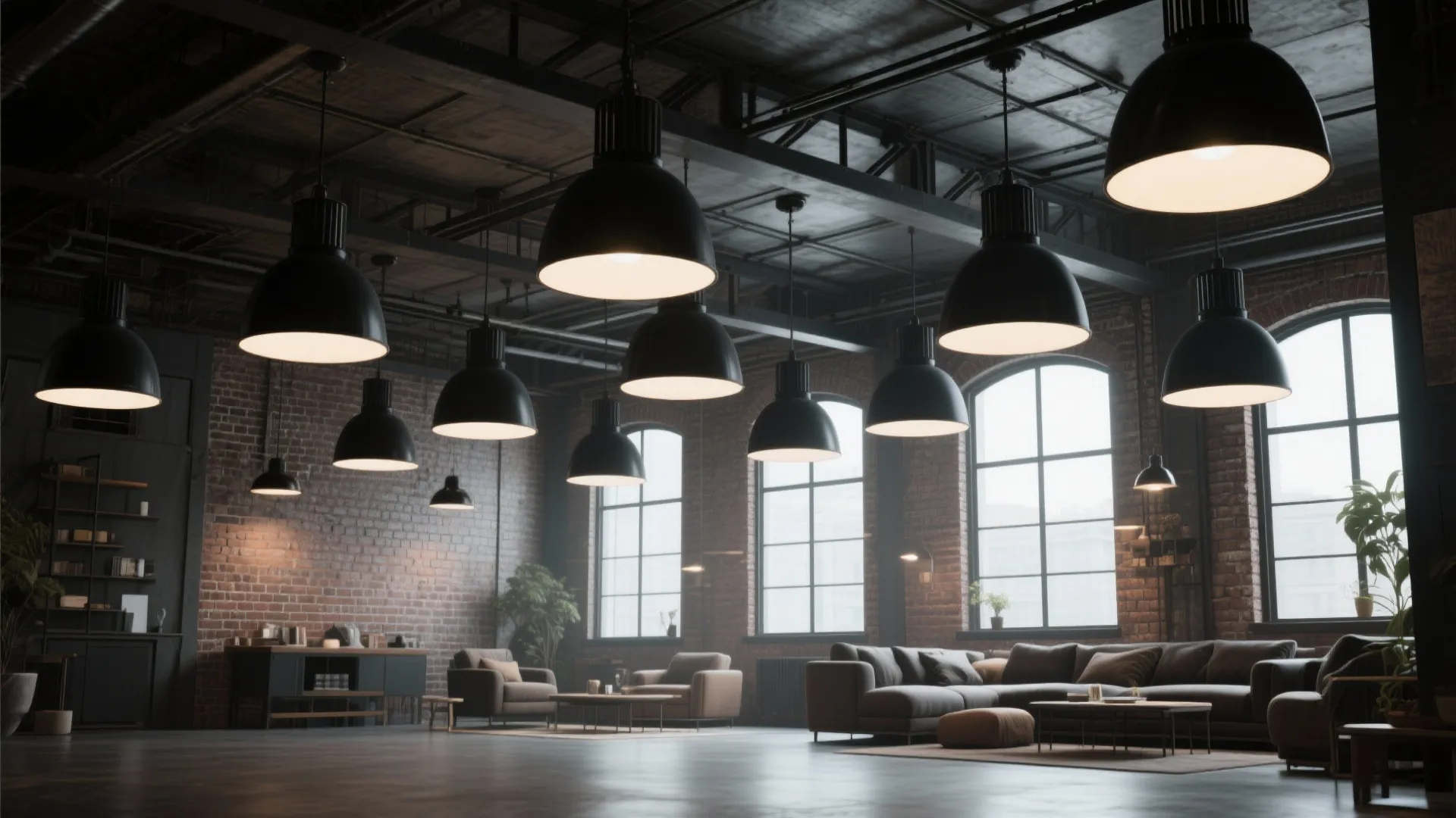 Industrial loft with oversized matte-black pendant lights in a group