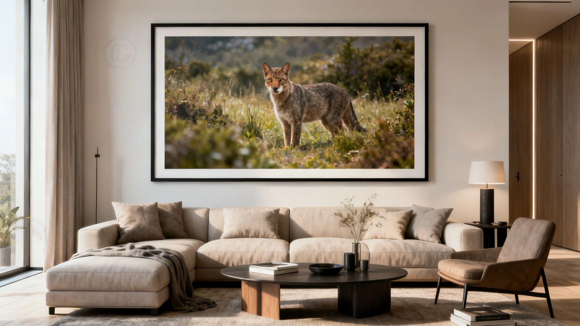 Living room with an oversized photographic print in a thin minimalist frame above a sofa.