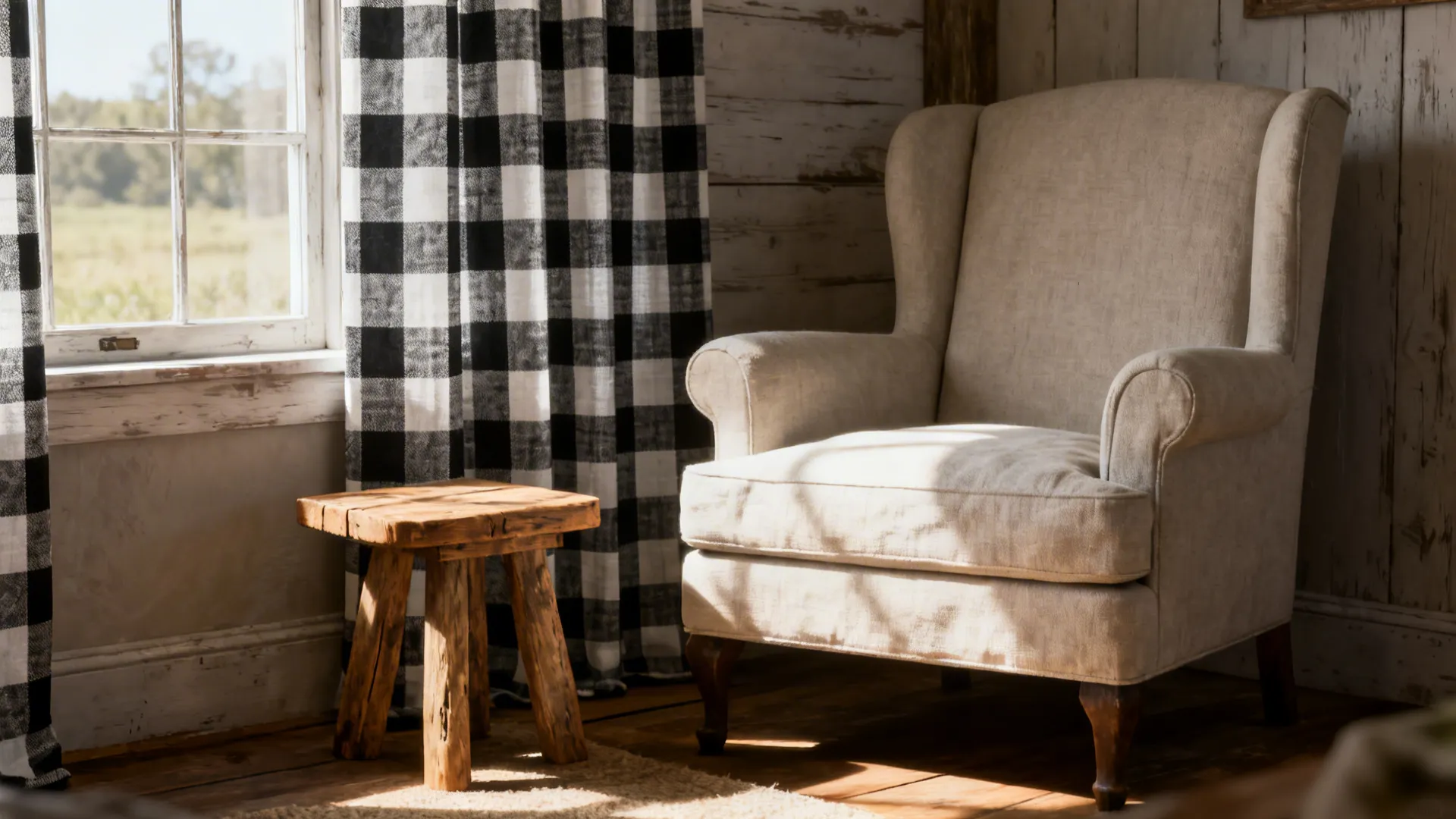 Sunlit living room corner with oversized buffalo plaid curtains and simple neutral furniture