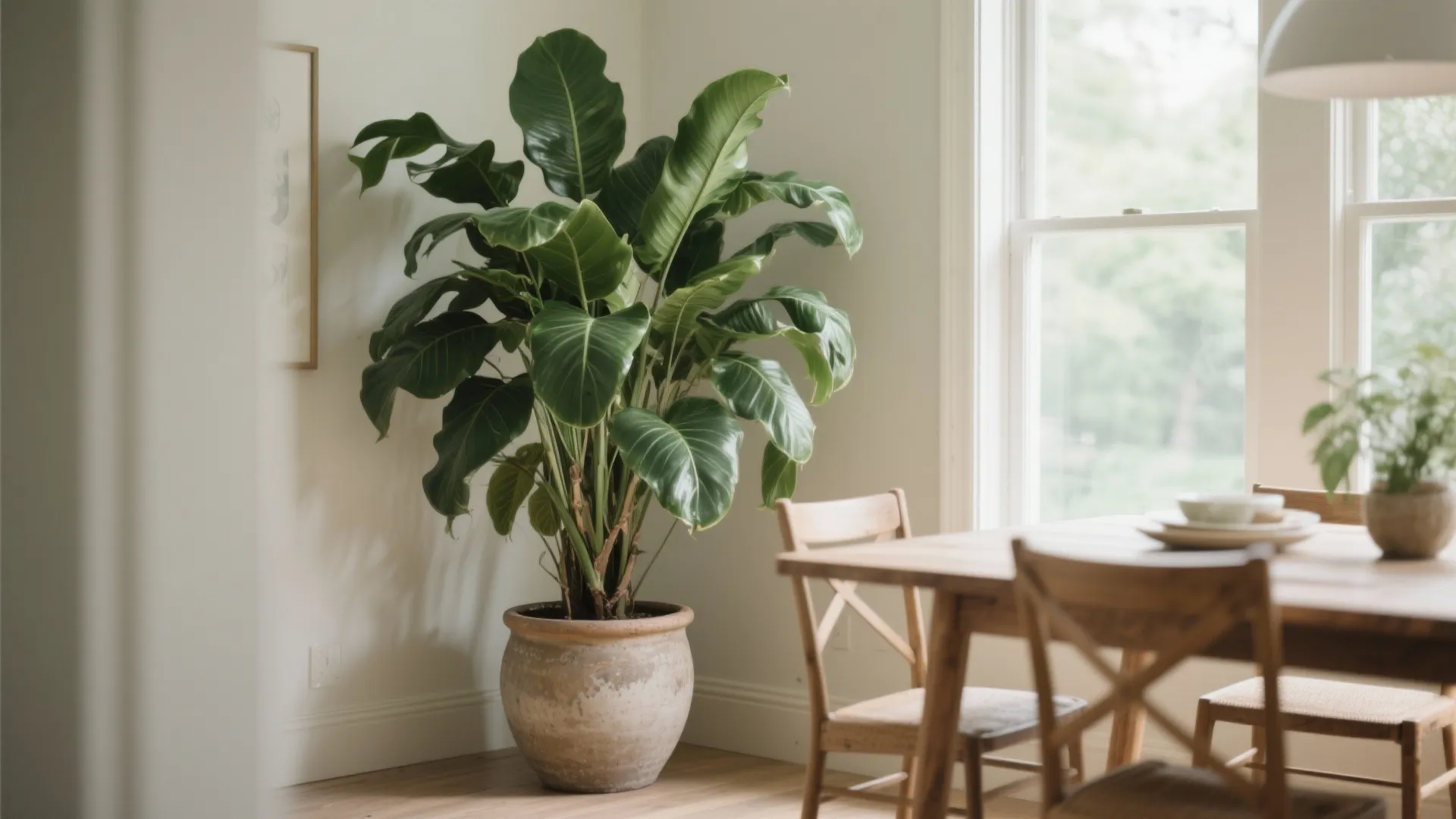 Large green leafy plant in clay pot next to wooden dining table by a window
