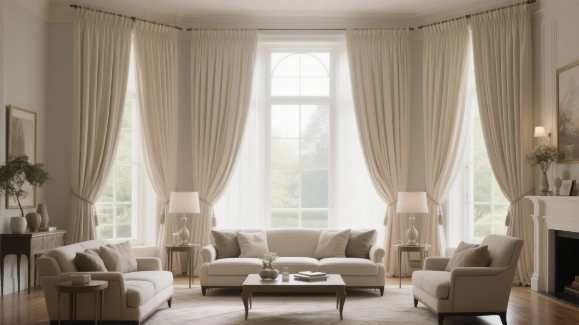 Bright living room with oversized pleated shades on tall windows