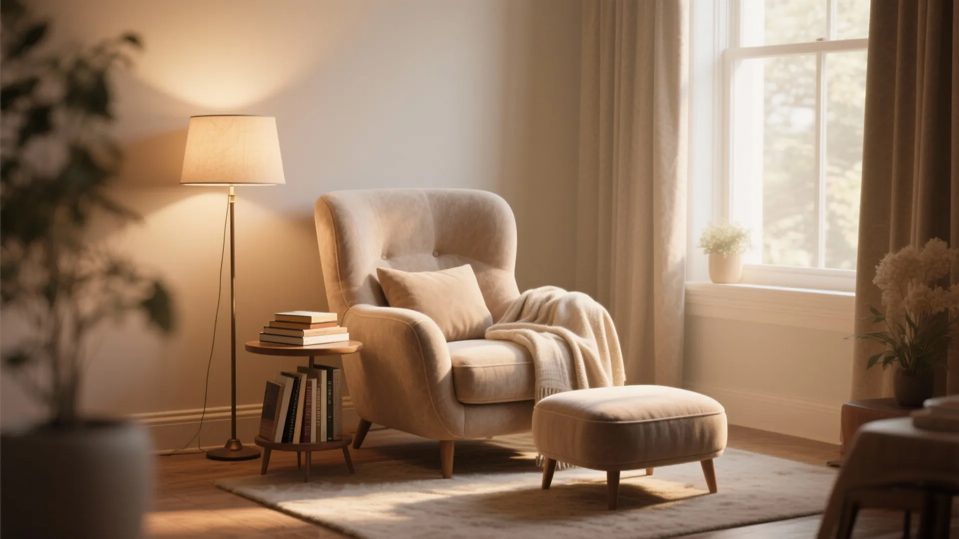 Comfortable beige armchair with footrest next to a floor light and small table with books
