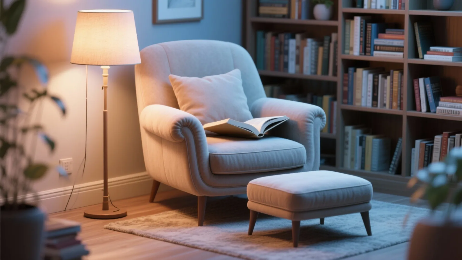 Oversized reading chair with ottoman in a cozy corner with a floor lamp