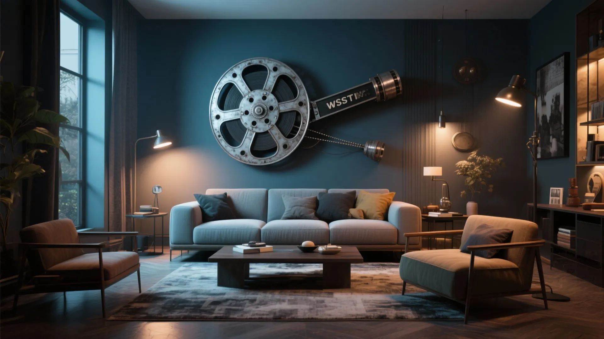 Oversized movie reel displayed above a living room sofa with warm spotlight