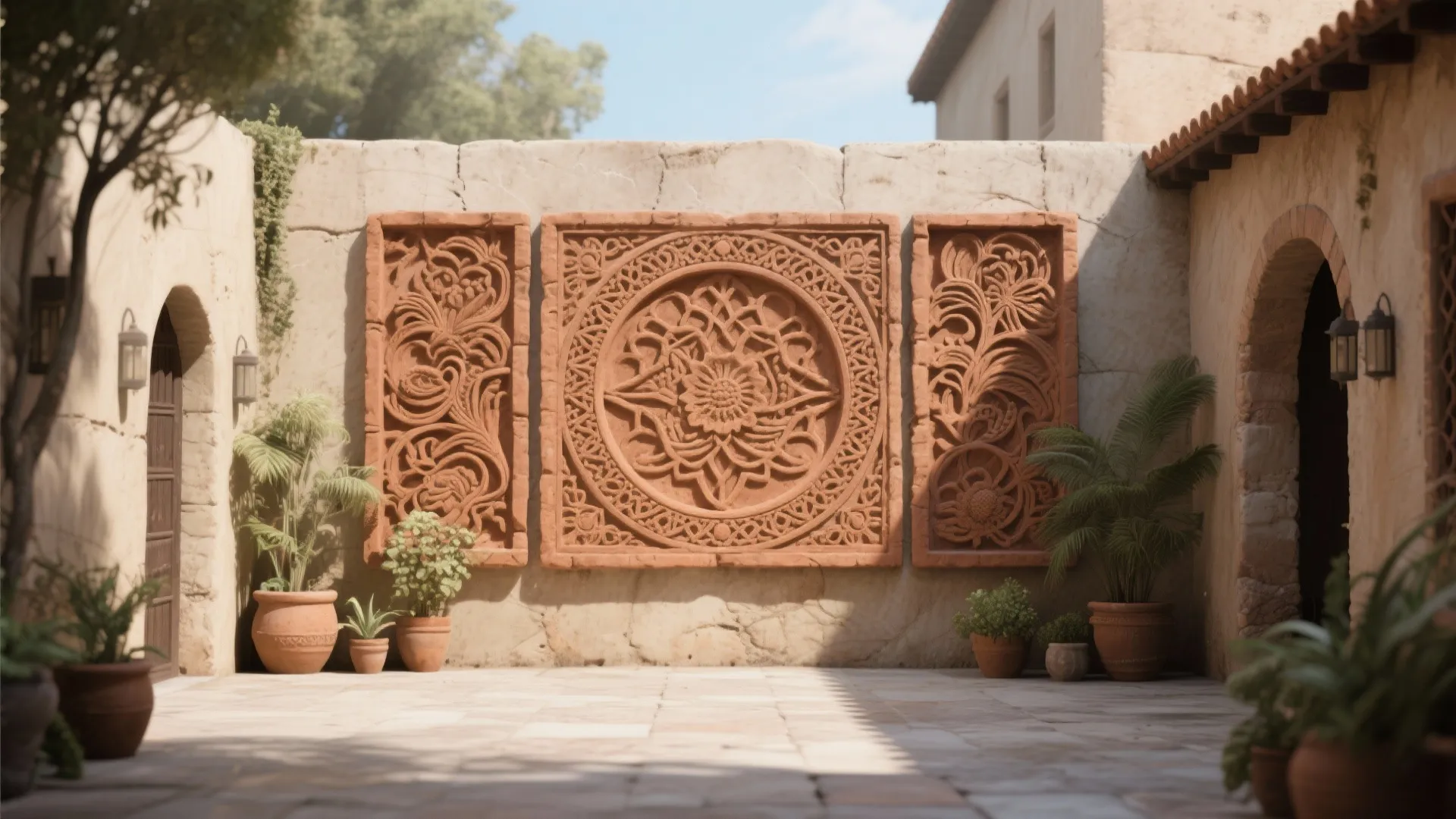 Three large carved wall panels featuring flower designs in a courtyard with many potted plants