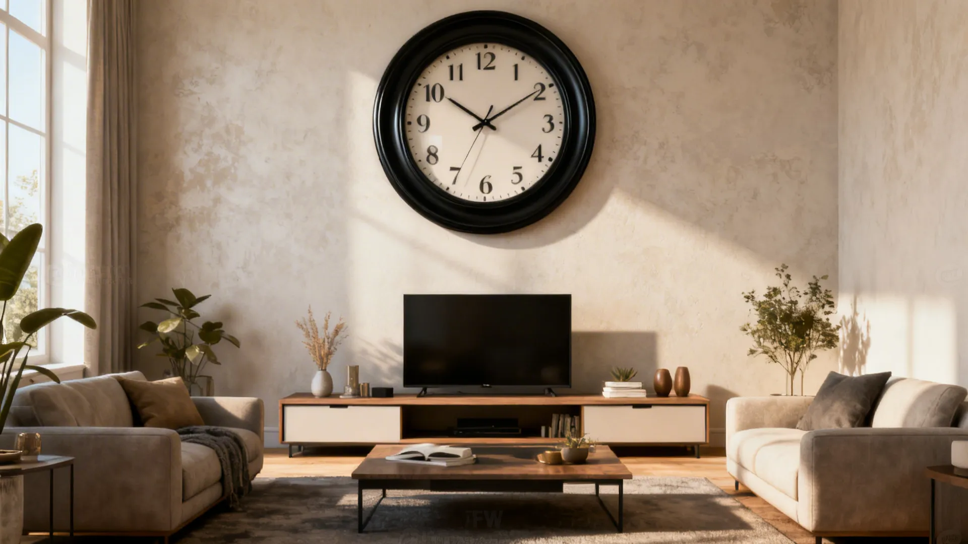 Small living room with an oversized black rim clock centered above a low media console framing the seating area.