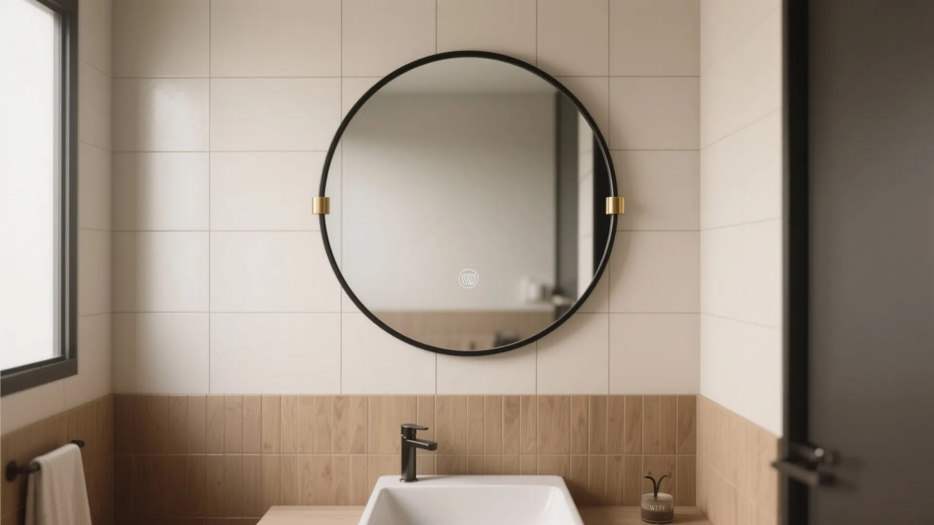 Round black framed bathroom mirror hanging on white tile wall above white sink and faucet