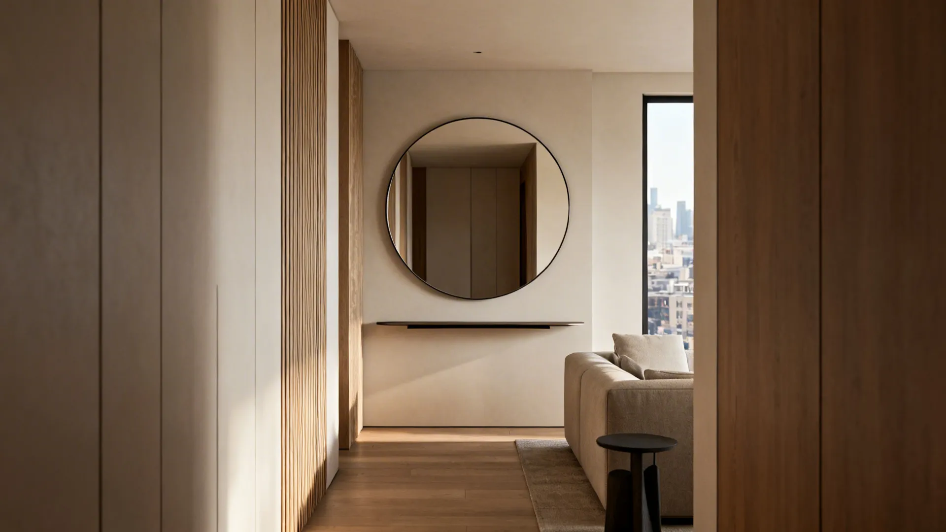 Narrow living room with an oversized round mirror above a sofa and a slim console underneath.