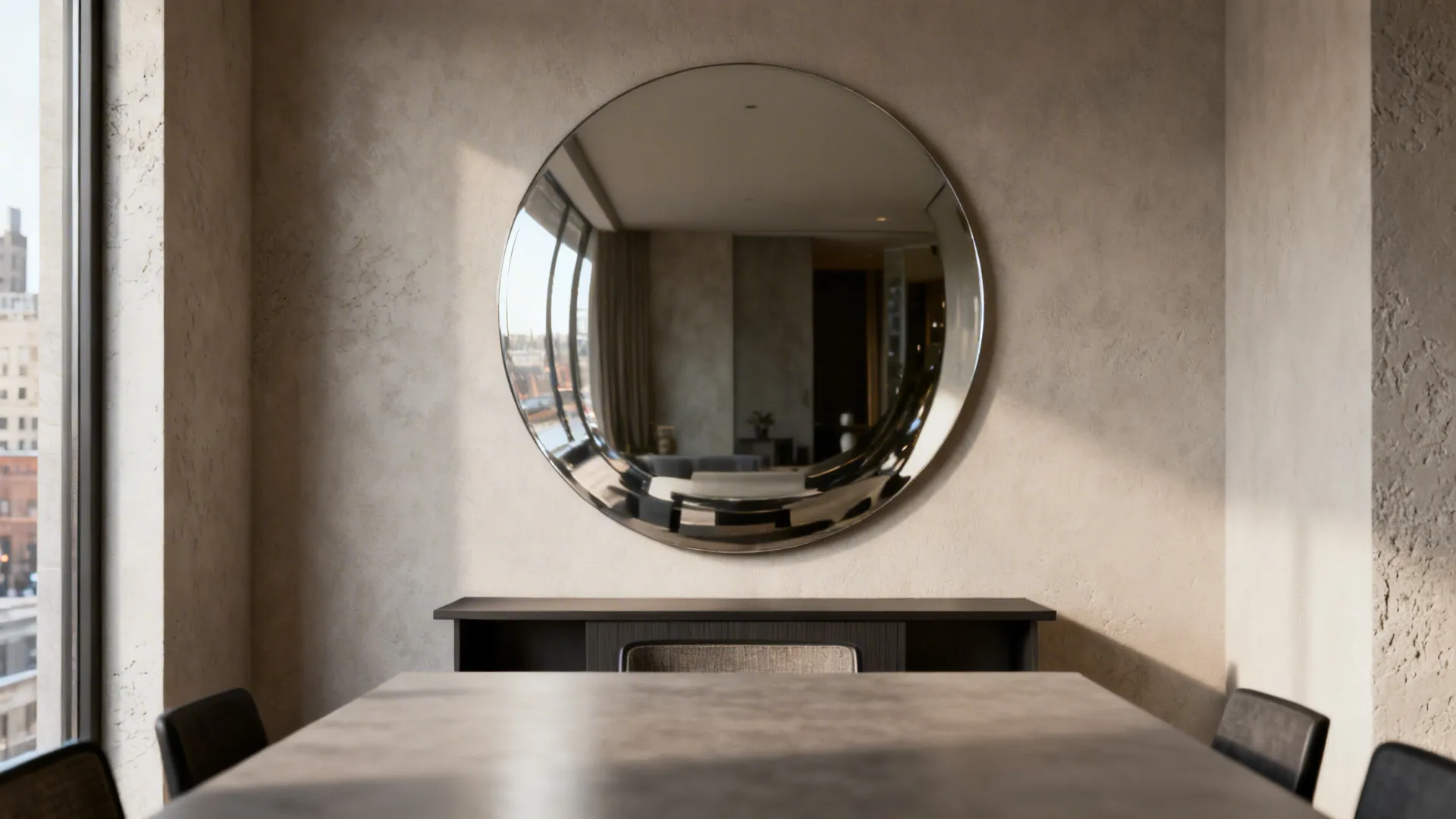 Urban dining corner with an oversized round mirror above a console reflecting soft daylight