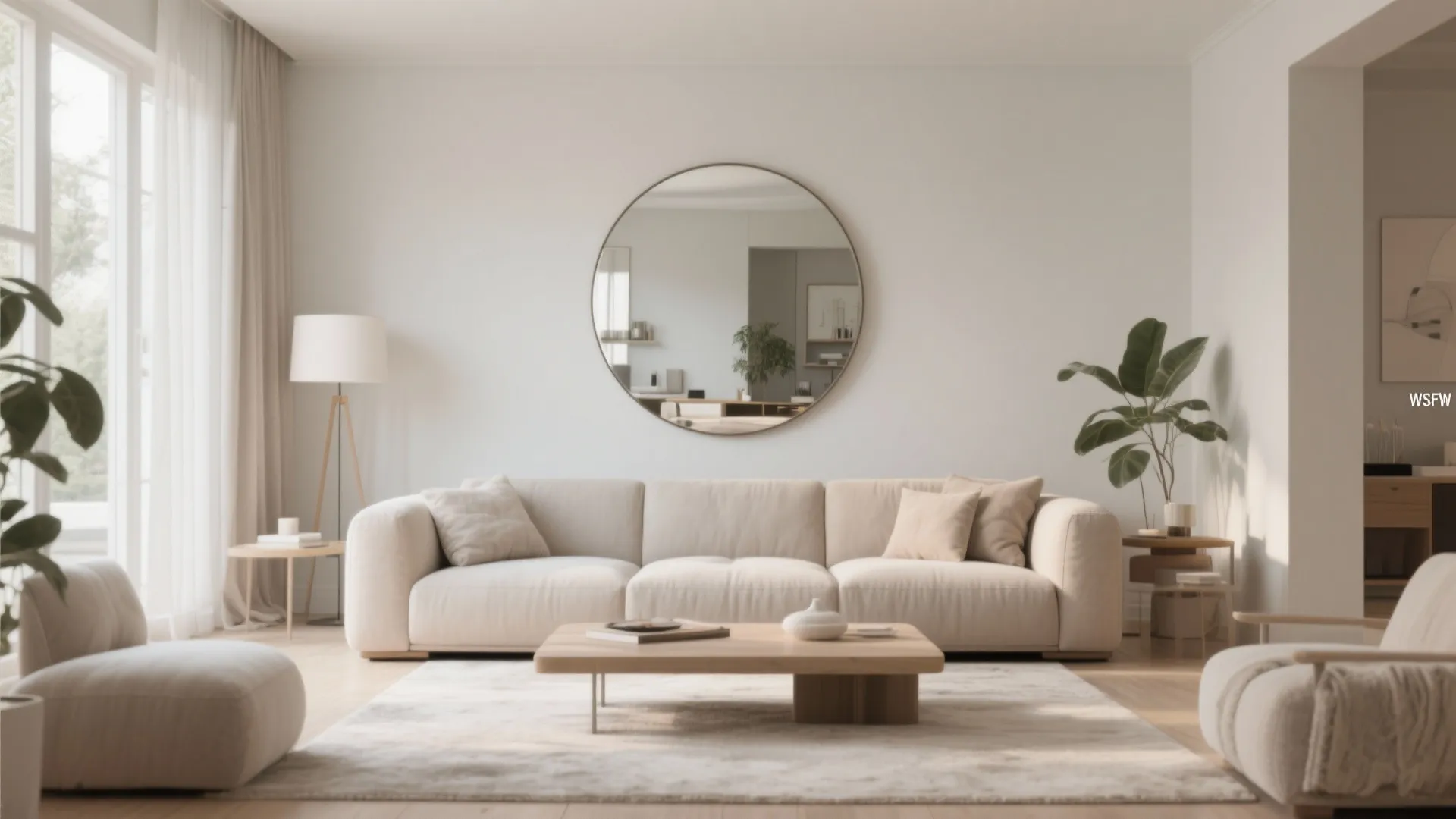 Large round mirror above sofa in airy living room.