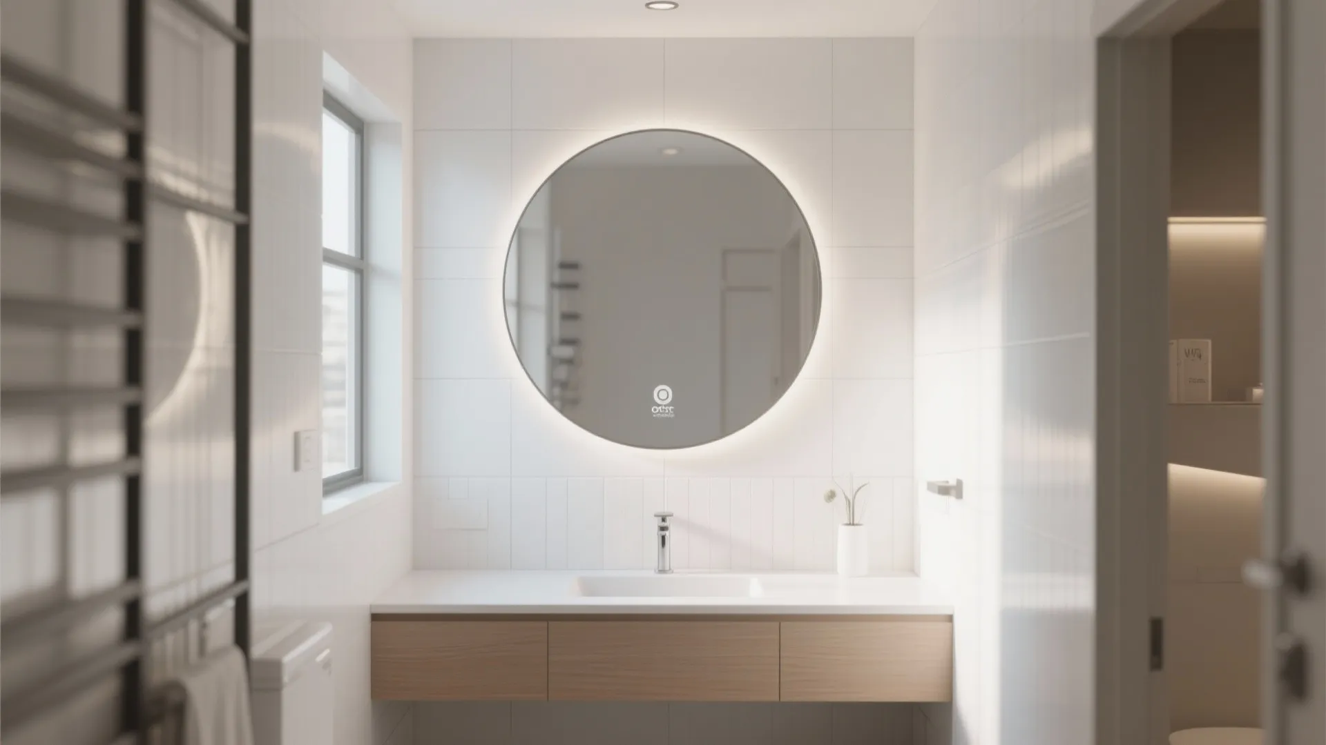 Modern bathroom with round lighted mirror white tiles wooden cabinet white sink and natural window light