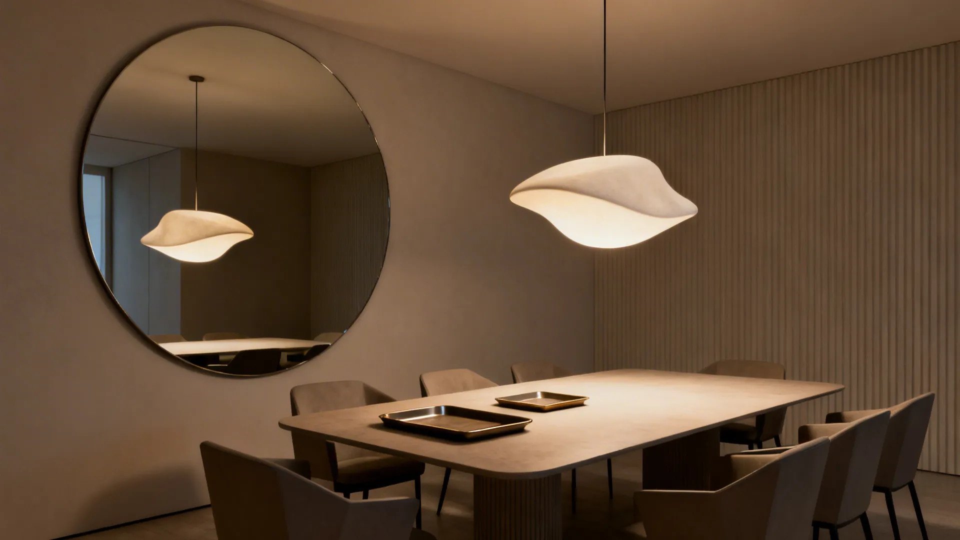 Modern dining room featuring large round wall mirror reflecting wooden table and white ceiling light