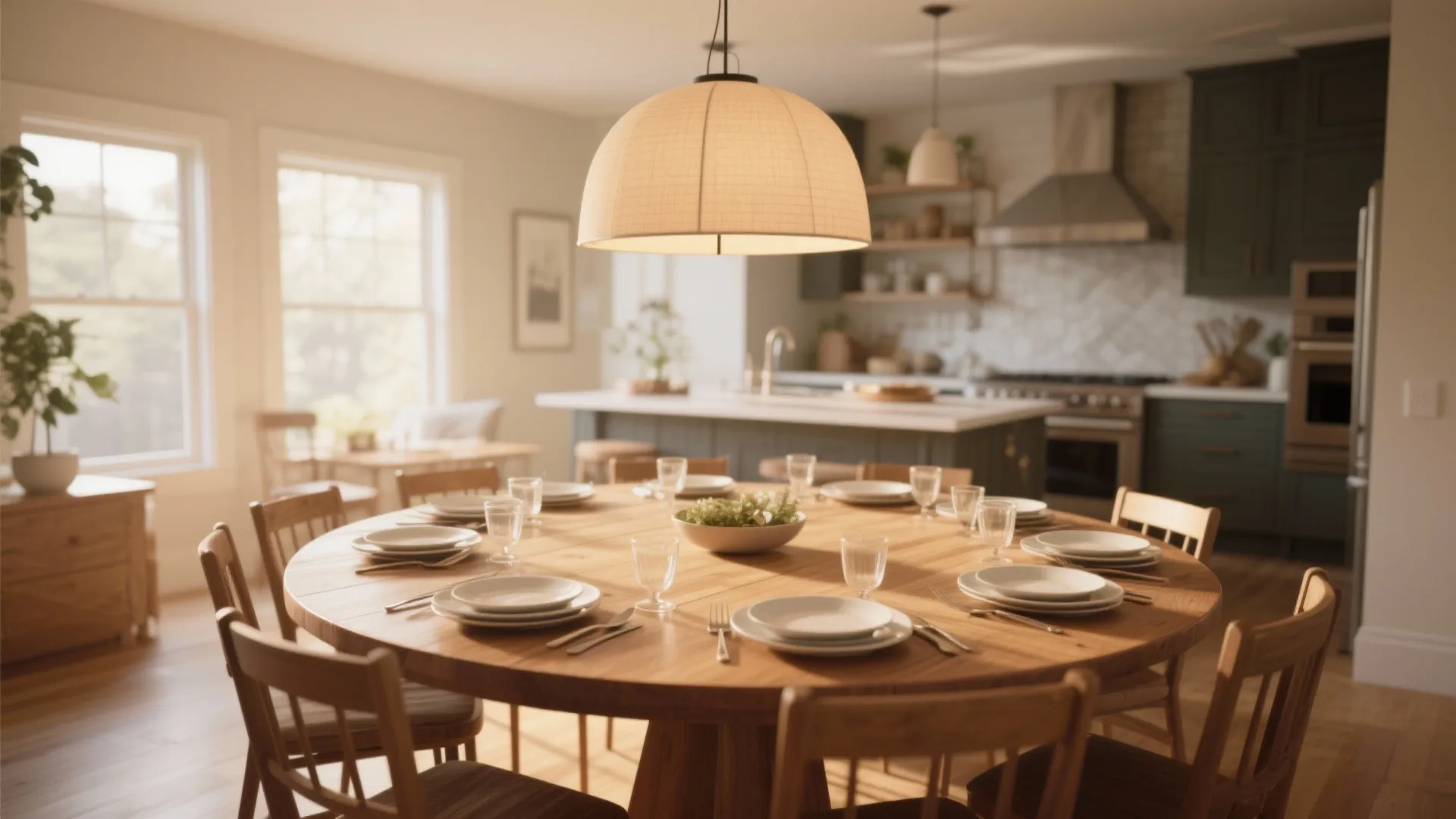 Large round wooden dining table with place settings under a big warm yellow ceiling light