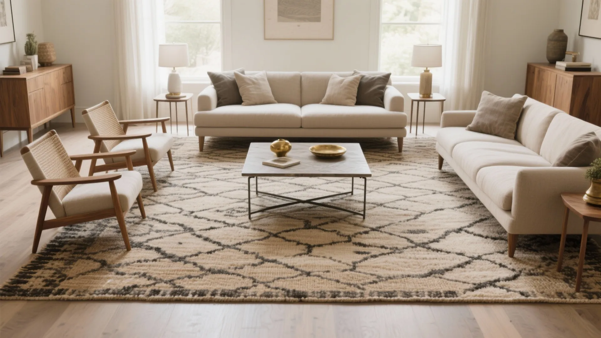 Idea 1: Anchor with an oversized rug and layered seating