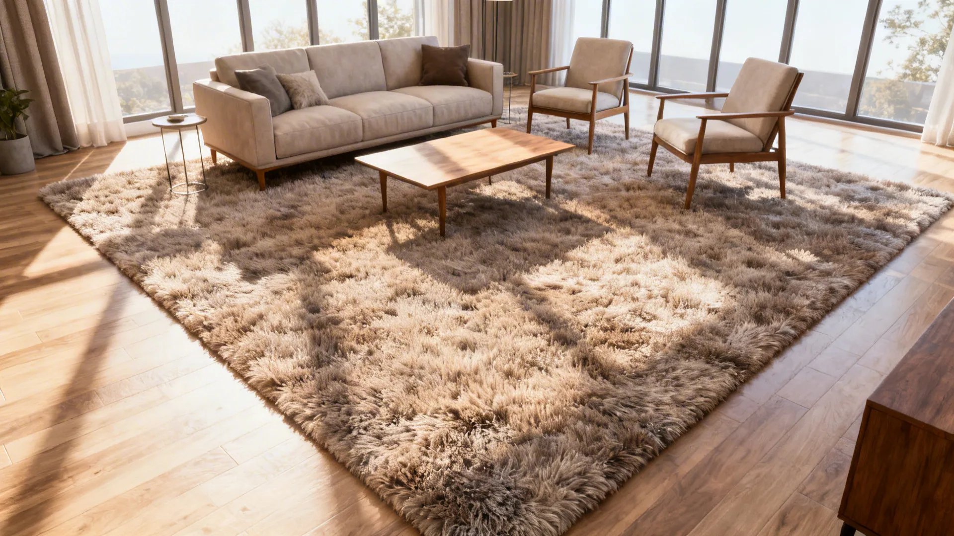 Small living room with an oversized plush rug covering all seating legs to create a unified conversation area