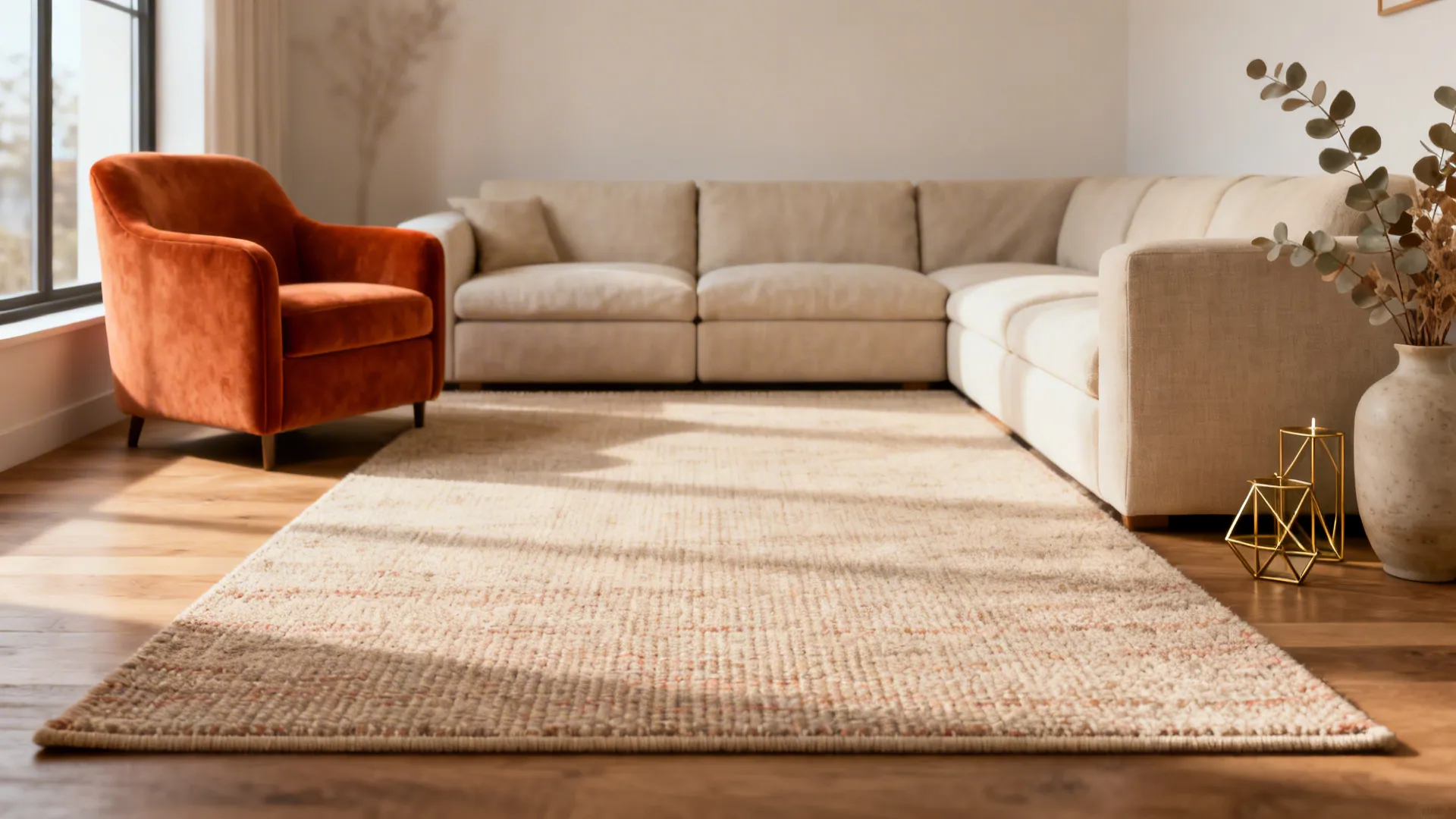 Oversized durable rug defining seating in a small living room without a coffee table.