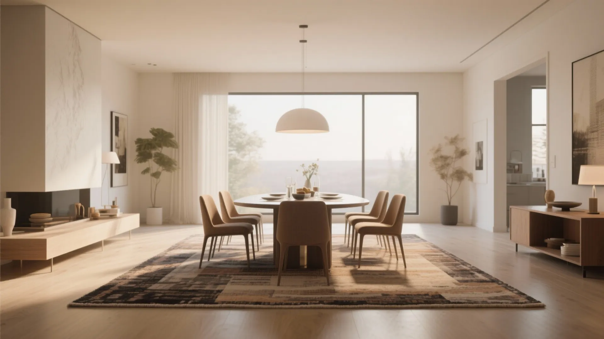 Modern dining room featuring round table, brown chairs, large patterned rug, and white ceiling light