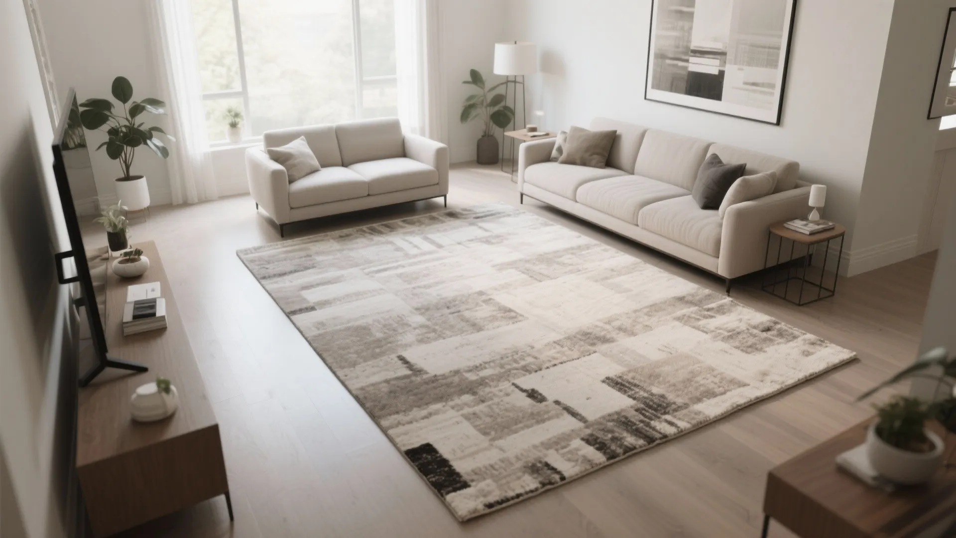 Modern minimal living room featuring a large grey patterned area rug with two beige sofas