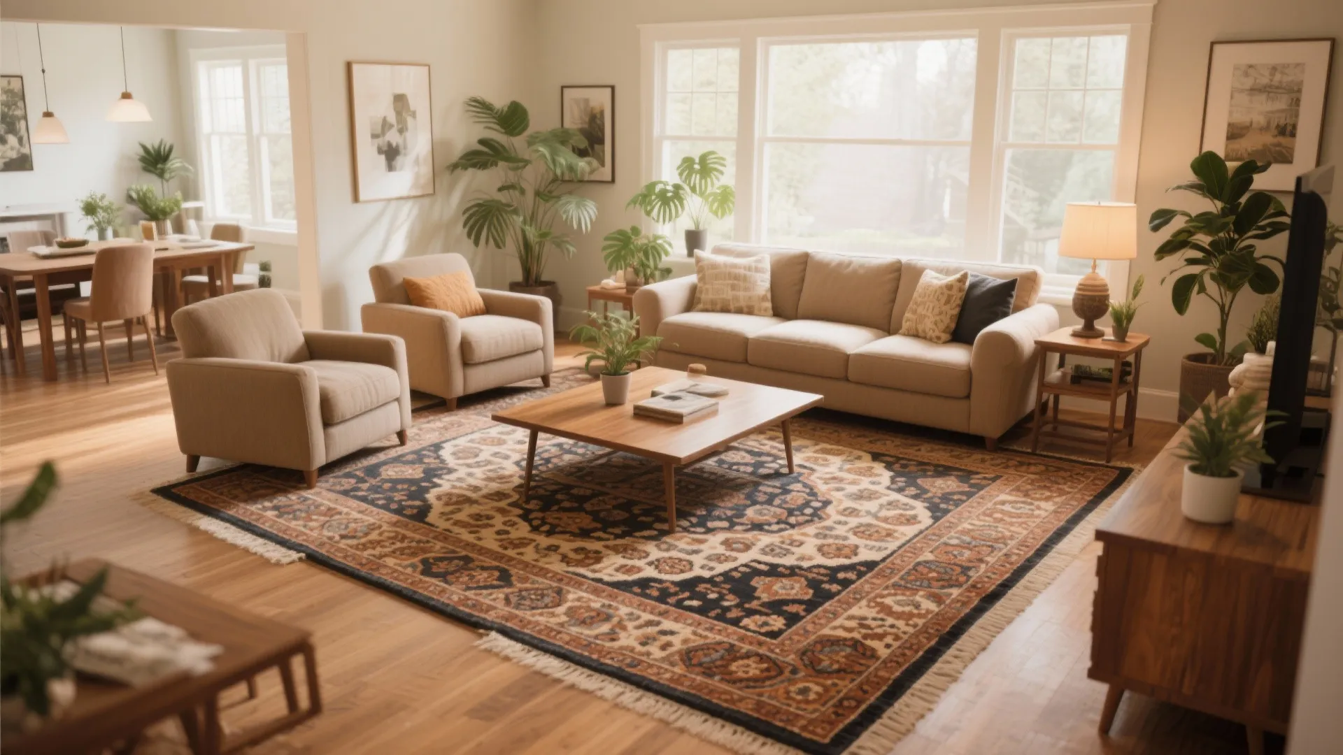 Bright living room featuring large patterned area rug wooden coffee table beige sofas and green plants