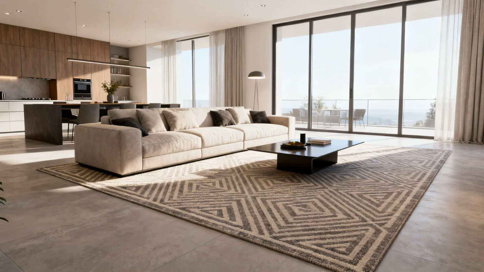 Open-plan living room with an oversized rug that visually enlarges the space.