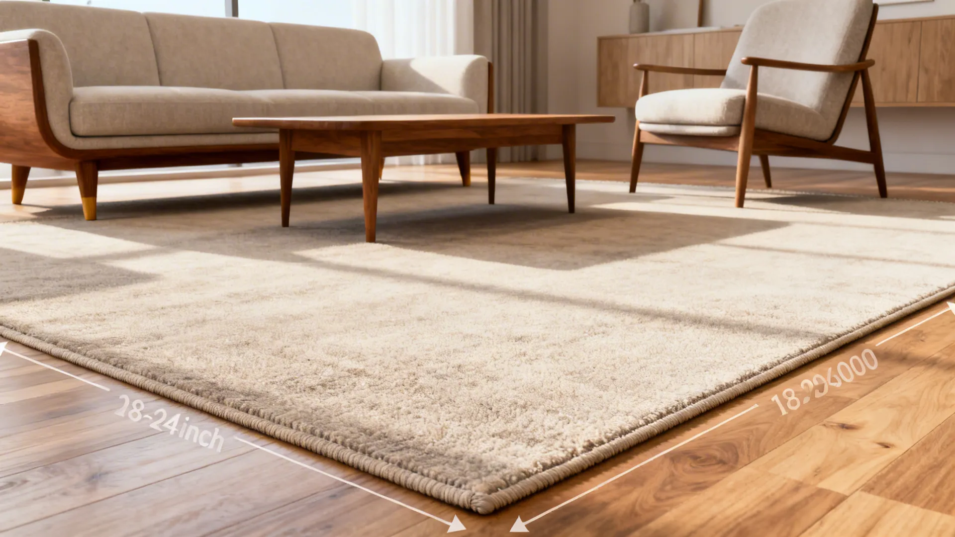 Large rug extending beyond sofa legs to visually bind seating in a living area.